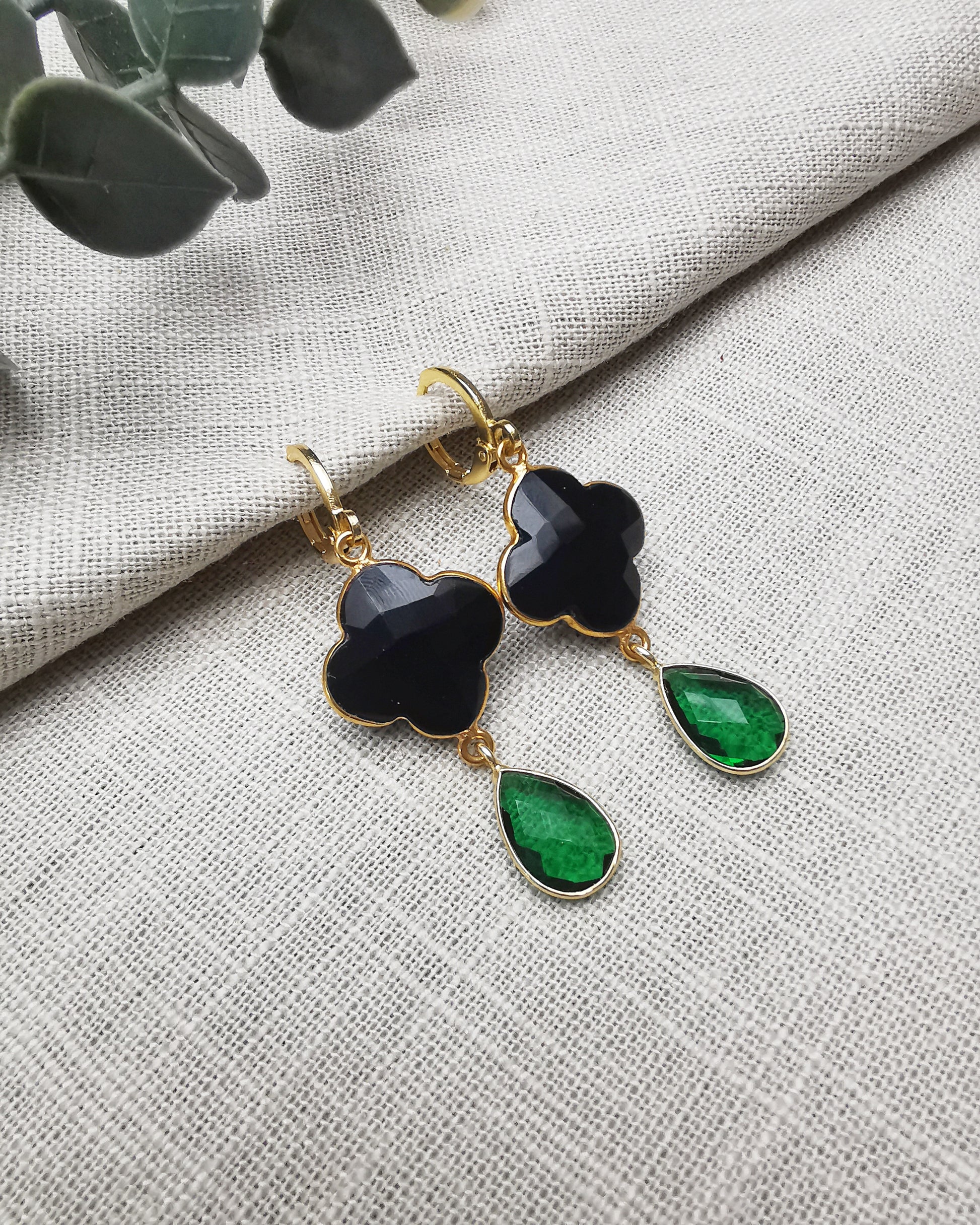 Black Onyx and Emerald Quartz Clover Earrings - LIMITED EDITION - Vinta Shop
