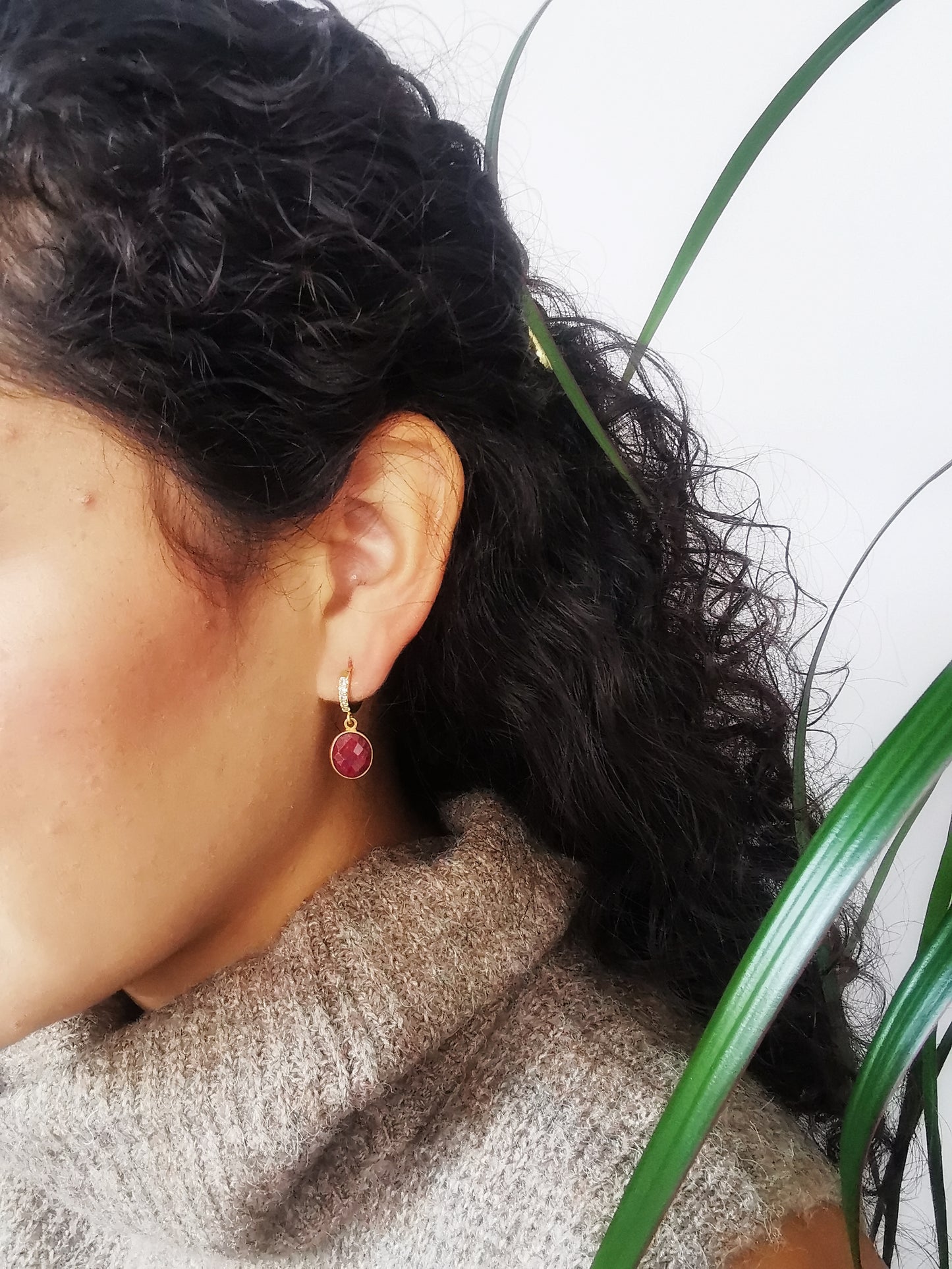 Natural Ruby Quartz Huggie Hoop Earrings.