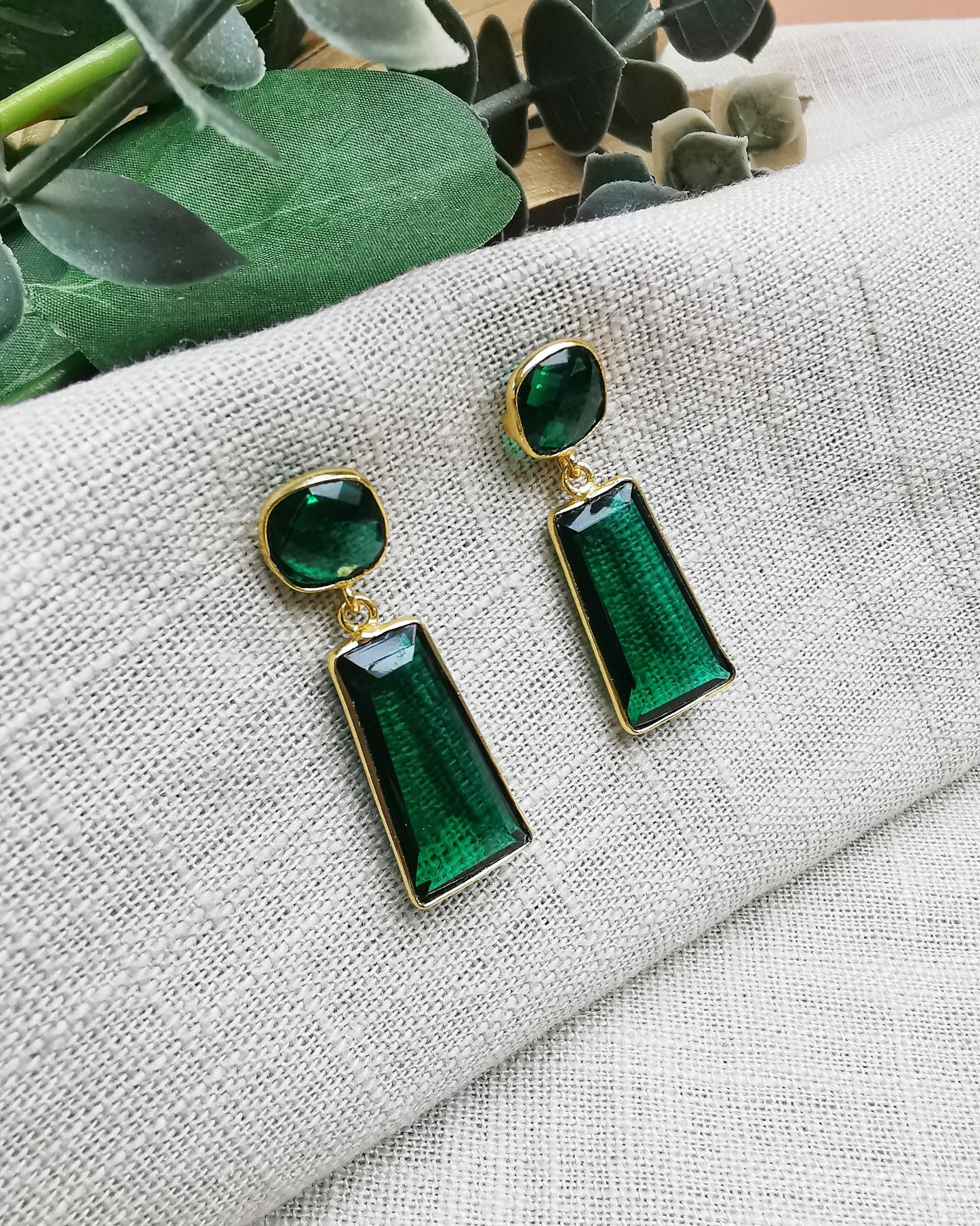 Emerald Quartz Stud Dangle Earrings.