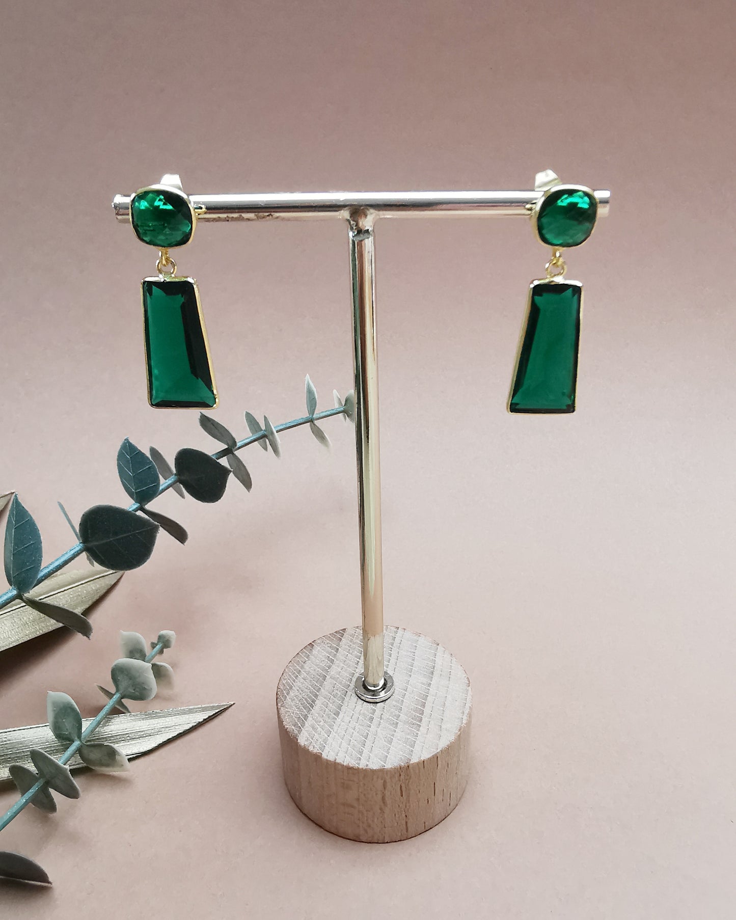 Emerald Quartz Stud Dangle Earrings.
