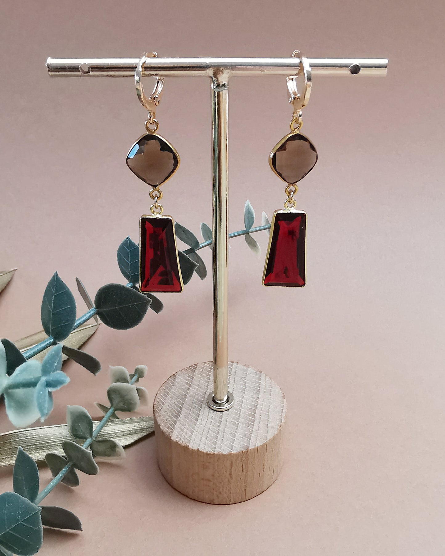 Smokey Quartz & Garnet Drop Earrings.