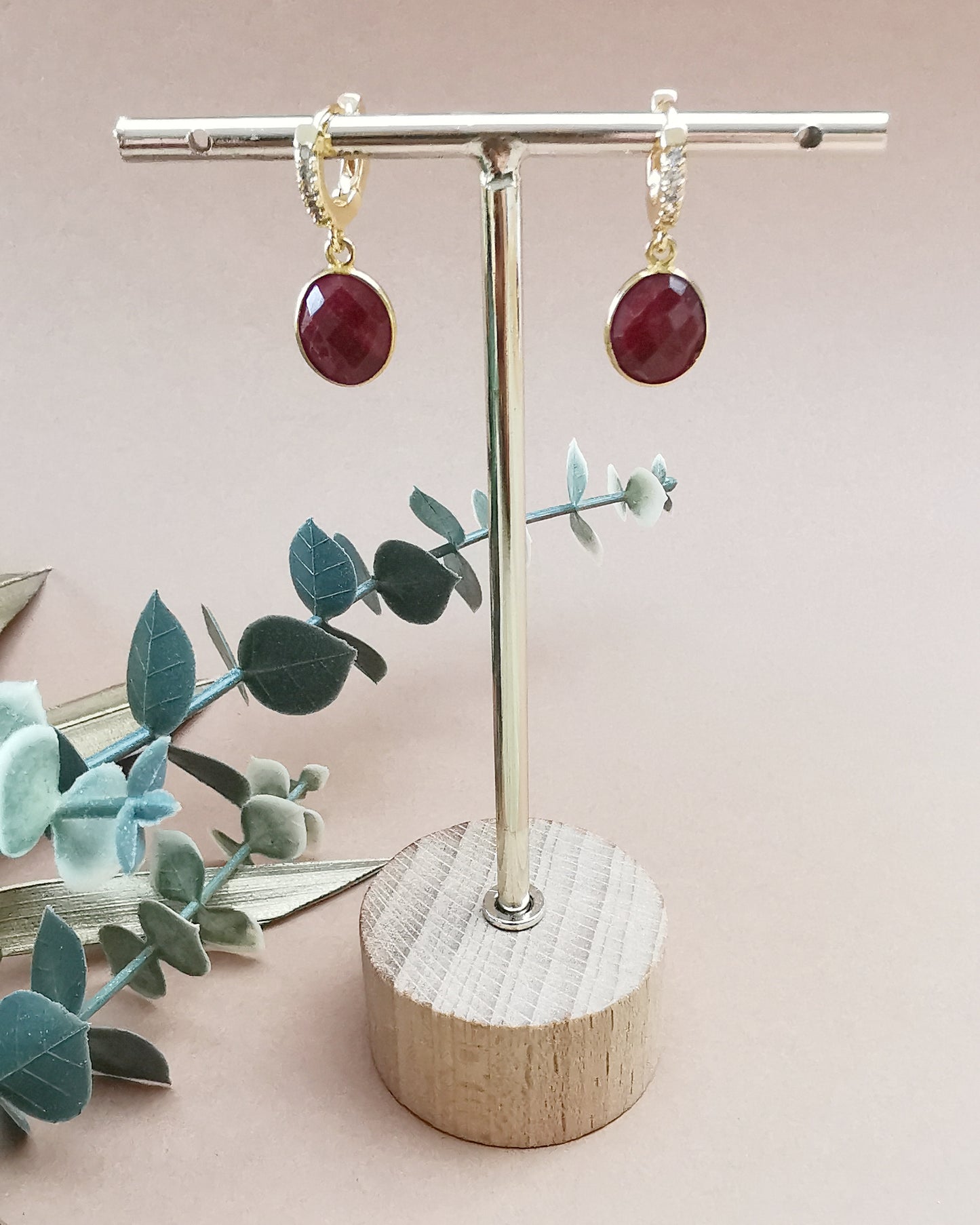 Natural Ruby Quartz Huggie Hoop Earrings.