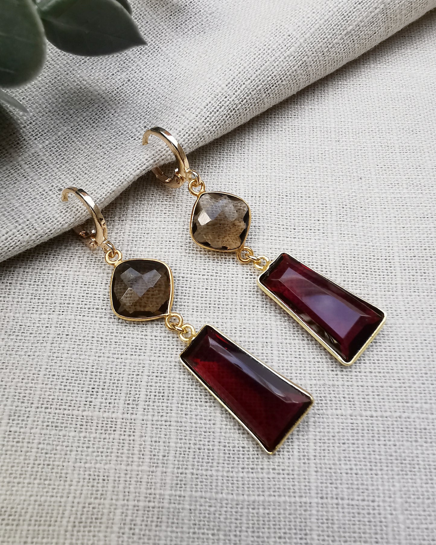 Smokey Quartz & Garnet Drop Earrings.