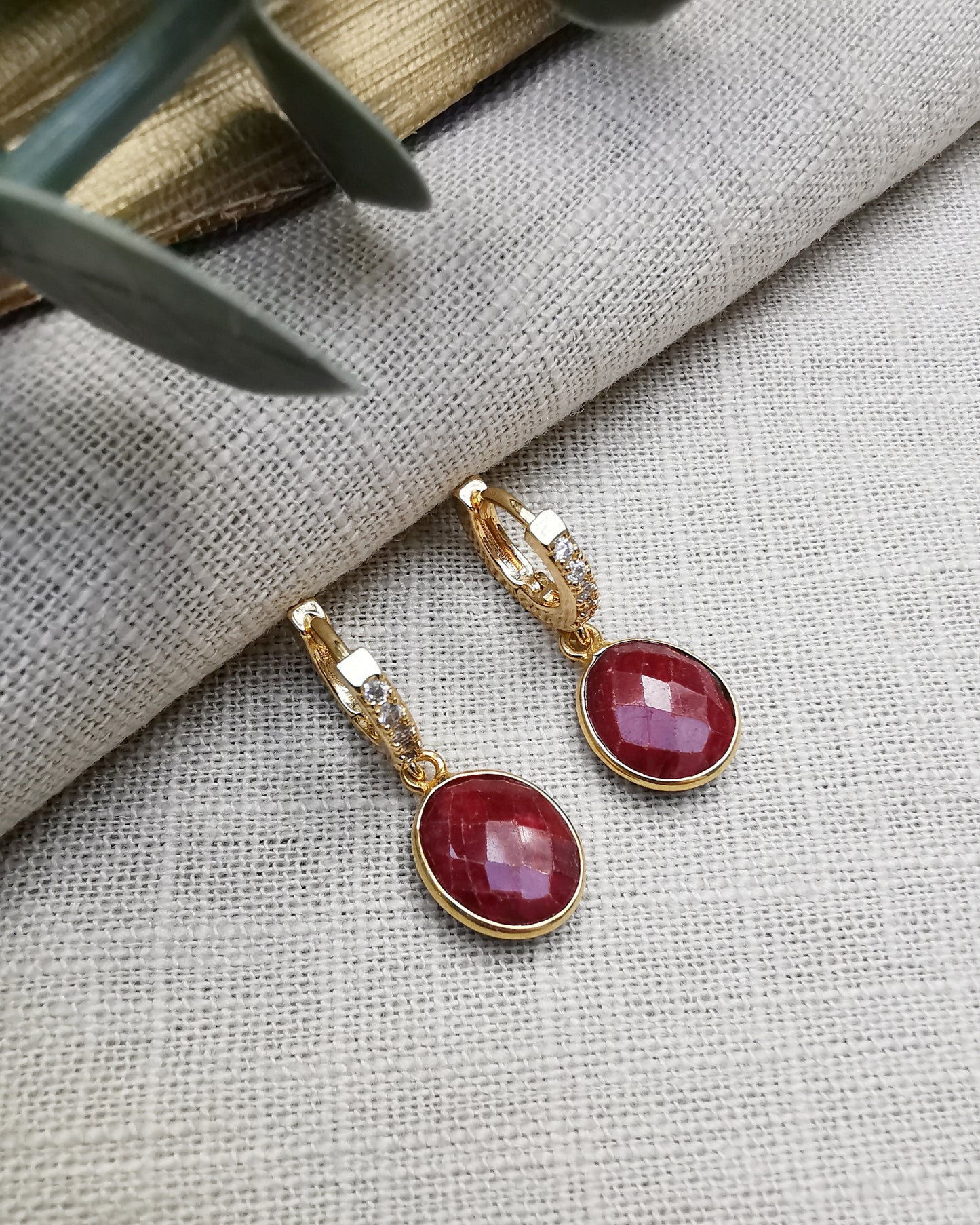Natural Ruby Quartz Huggie Hoop Earrings.