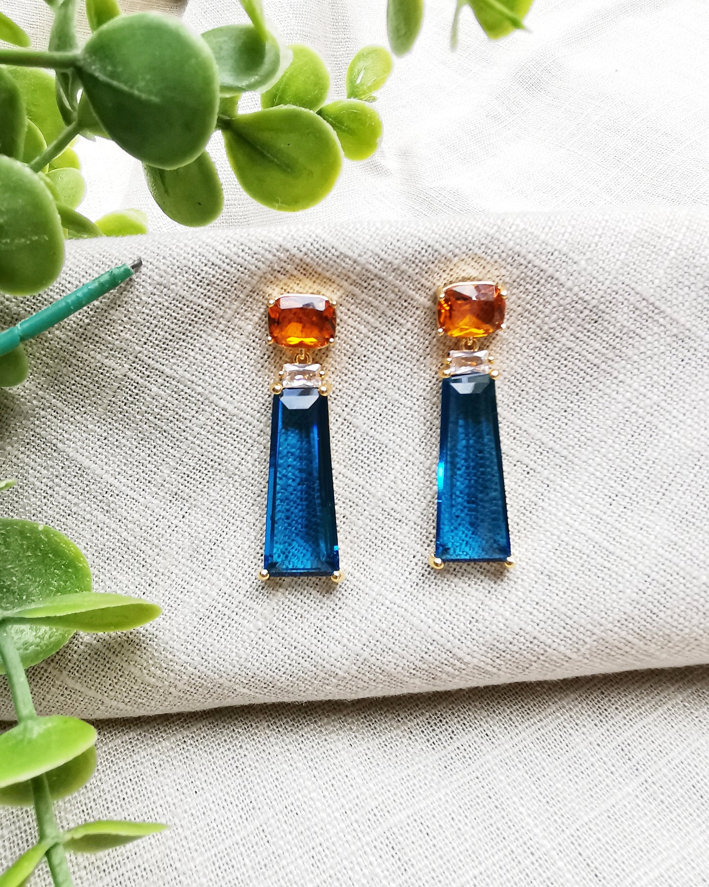 Eloise || Yellow Citrine and Deep Blue Crystal Earrings