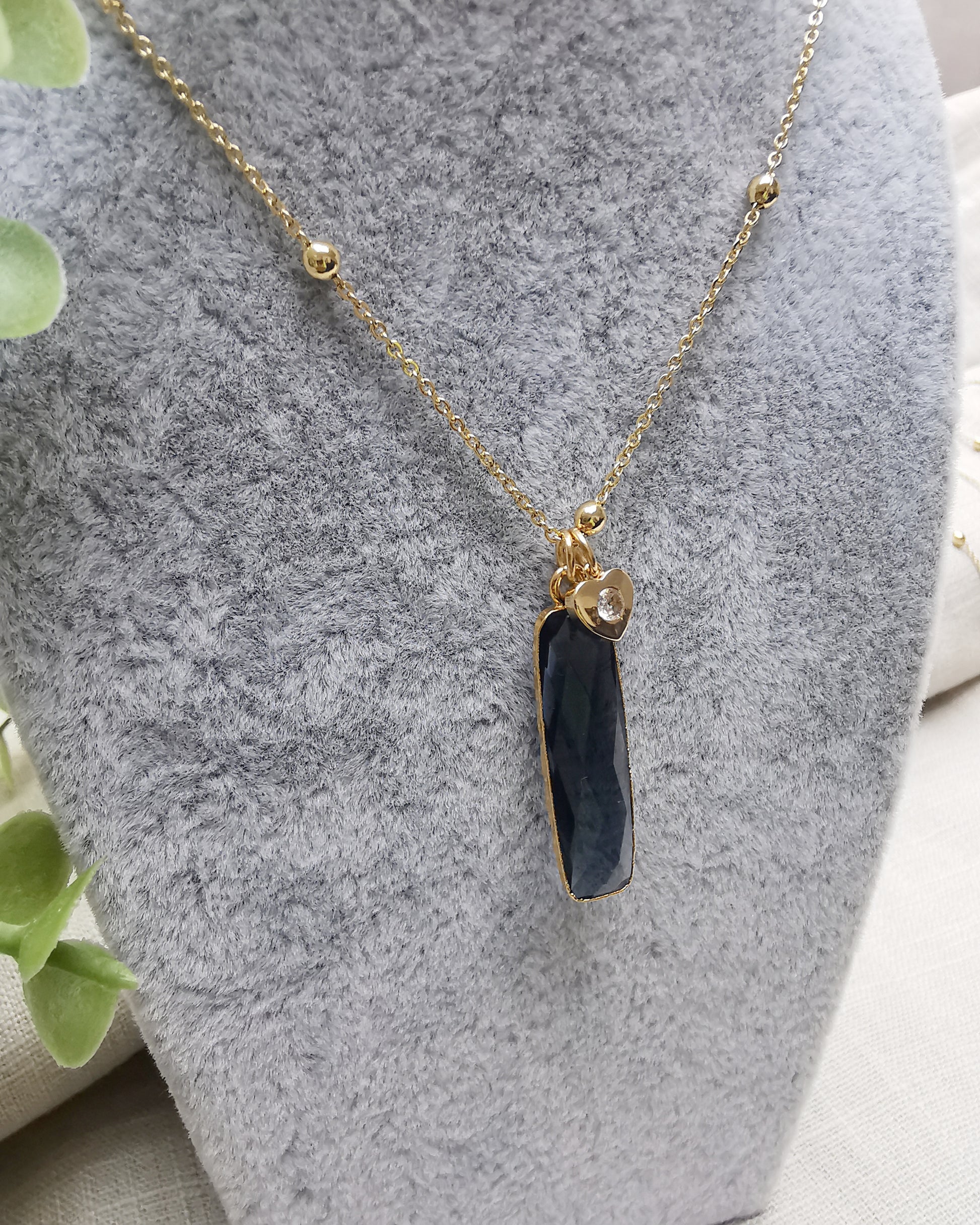 Blue Iolite Long Bar Satellite Pendant Necklace. - Vinta Shop