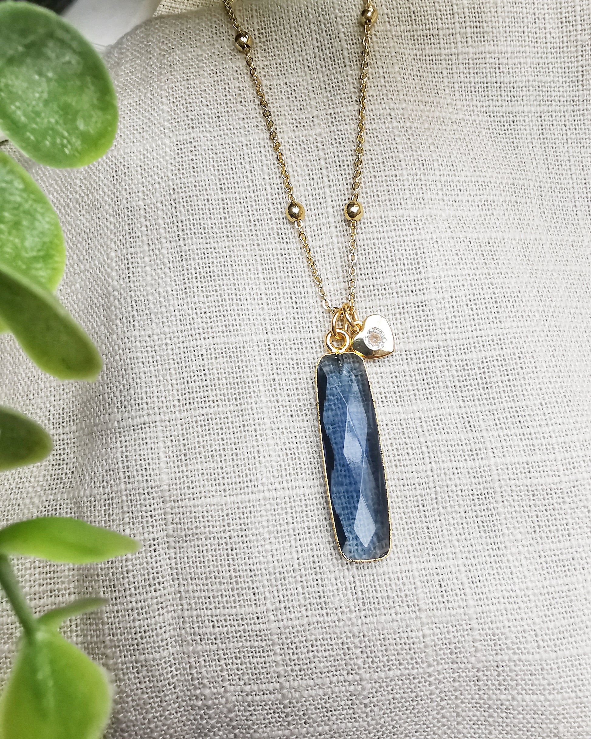 Blue Iolite Long Bar Satellite Pendant Necklace. - Vinta Shop