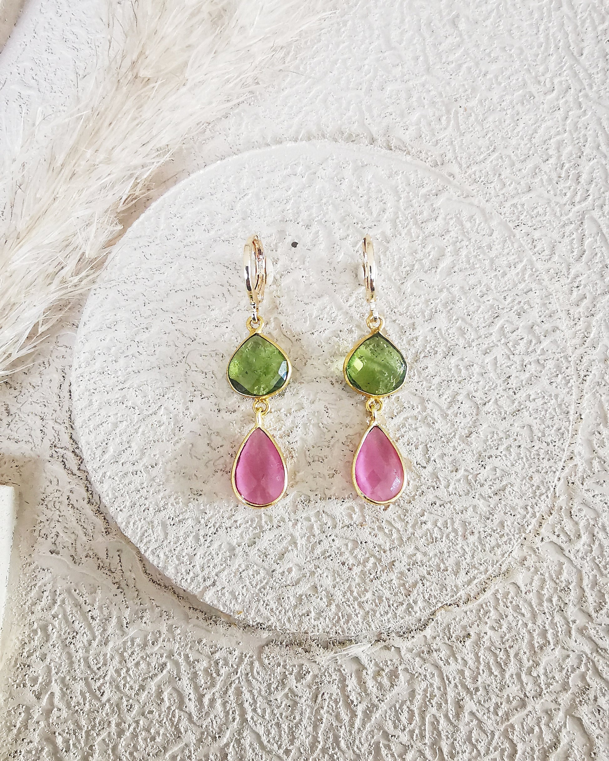 Peridot and Pink Blush Mona Lisa Drop Earrings. - Vinta Shop