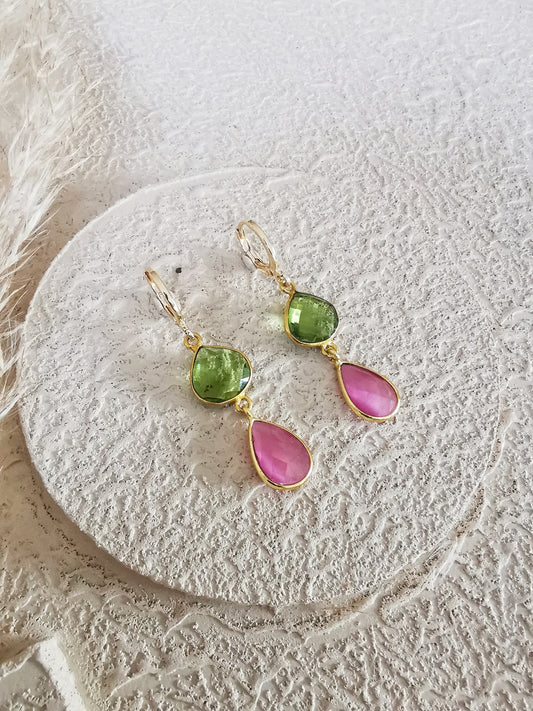 Peridot and Pink Blush Mona Lisa Drop Earrings. - Vinta Shop