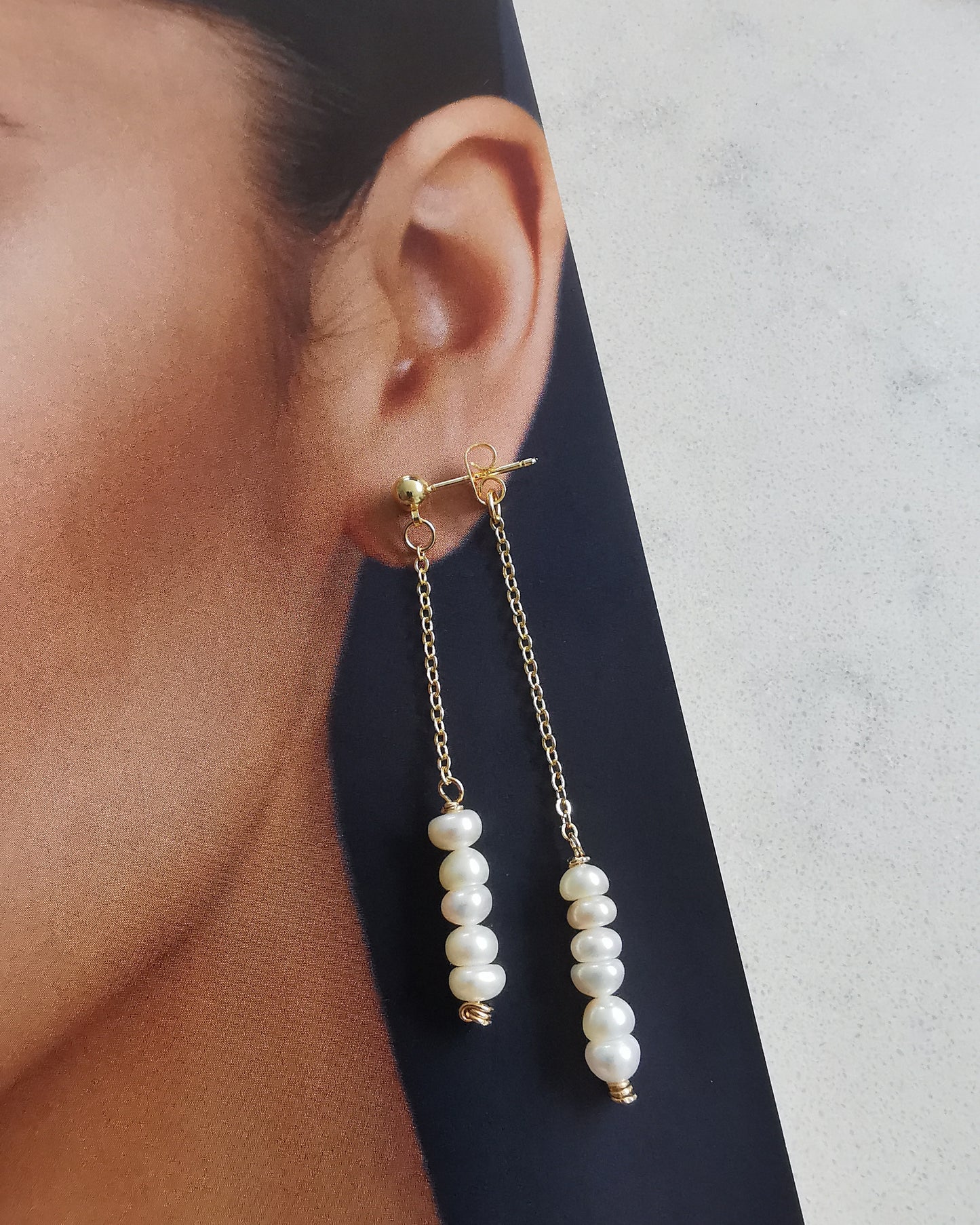 Freshwater Pearl Double Drop Chain Earrings - Vinta Shop