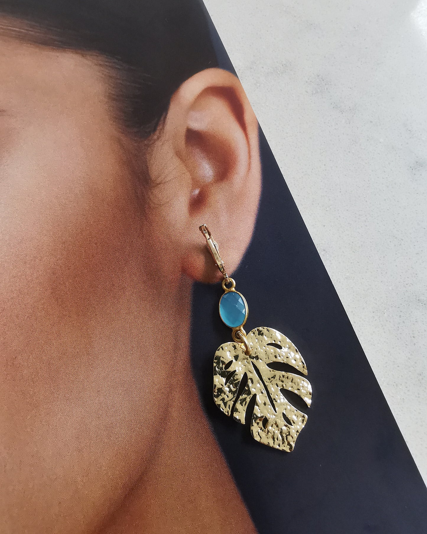 Blue Chalcedony Monstera Drop Earrings - Vinta Shop