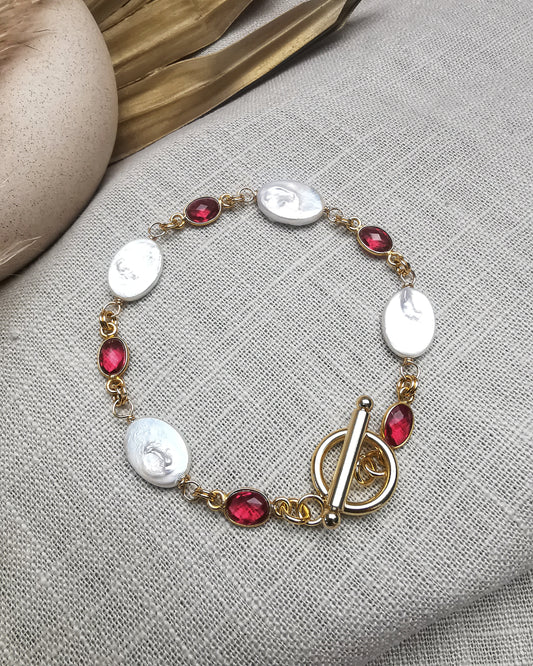Freshwater Oval Pearls Bracelet with Pink Tourmaline Gemstone - Vinta Shop