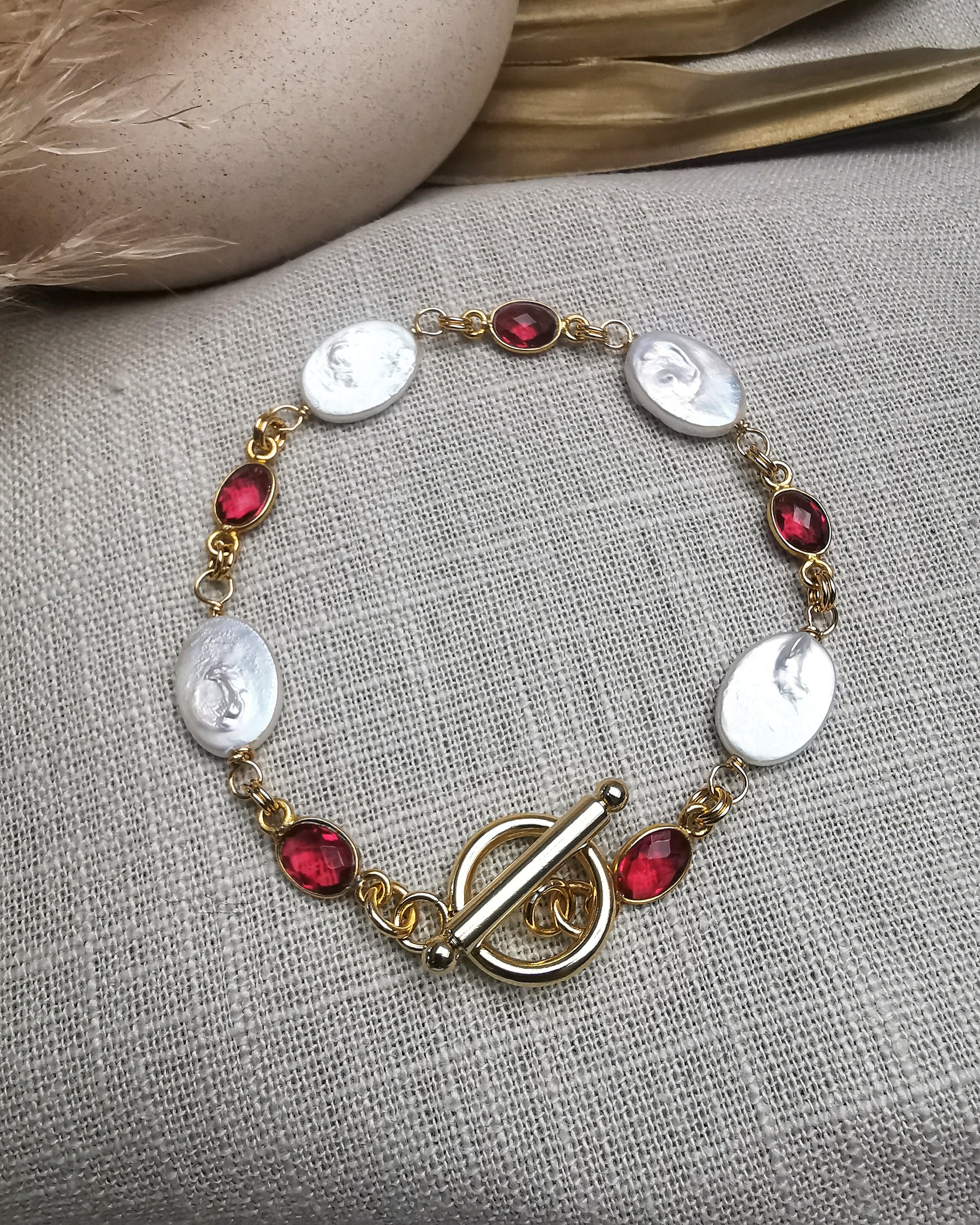 Freshwater Oval Pearls Bracelet with Pink Tourmaline Gemstone - Vinta Shop