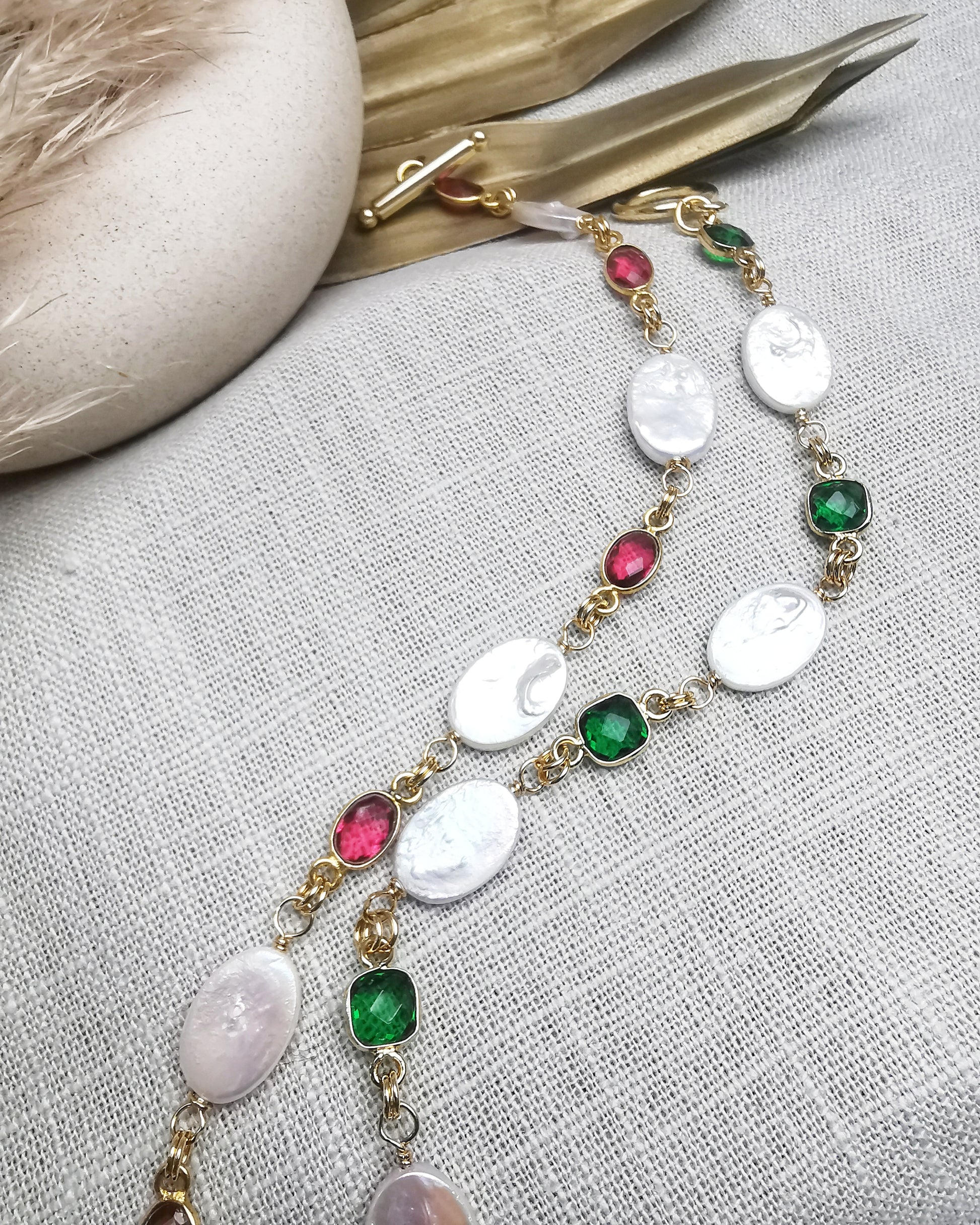 Freshwater Oval Pearls Bracelet with Pink Tourmaline Gemstone - Vinta Shop