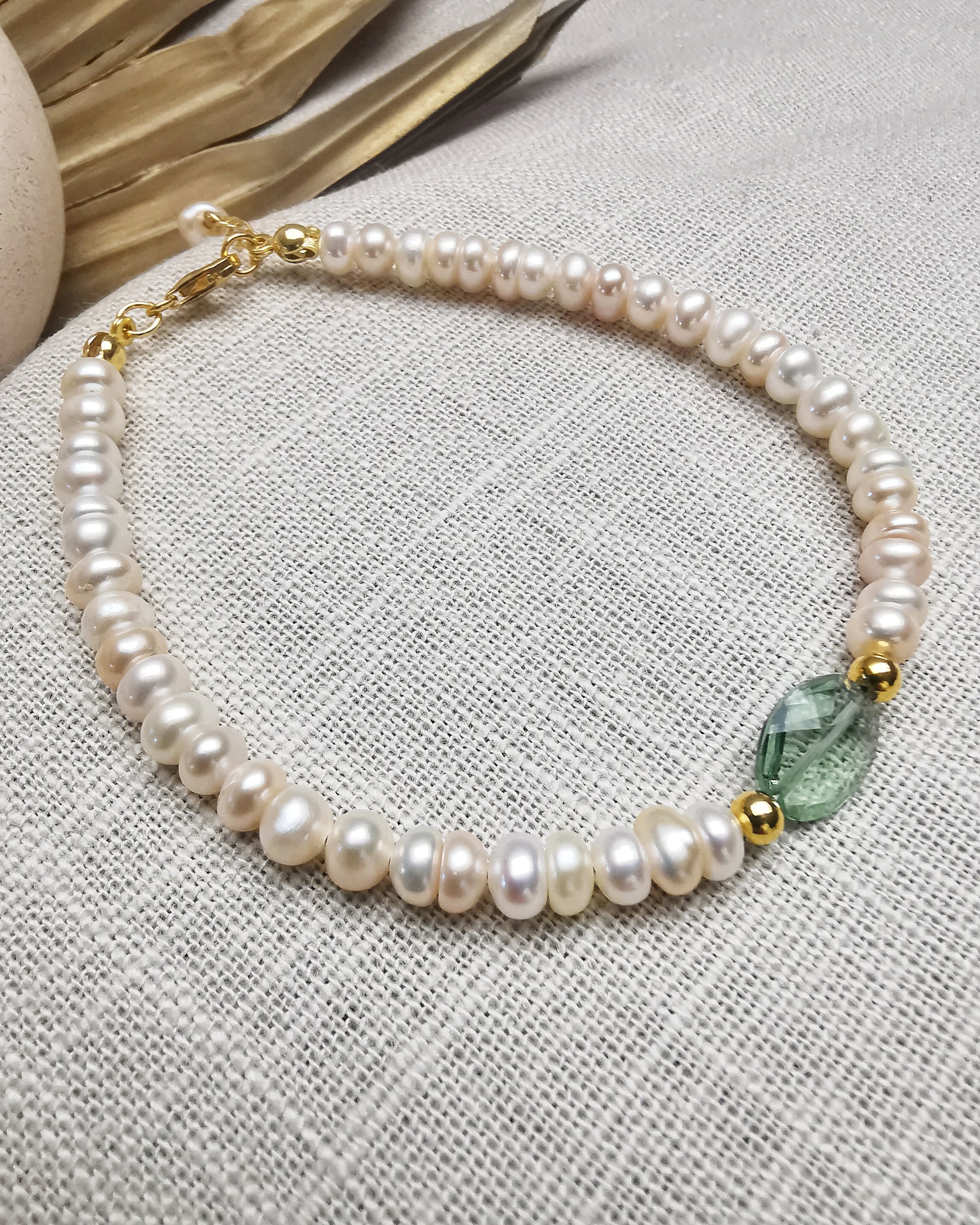 Gold Vermeil Bracelet with  Freshwater Pearl with Green Amethyst - Vinta Shop