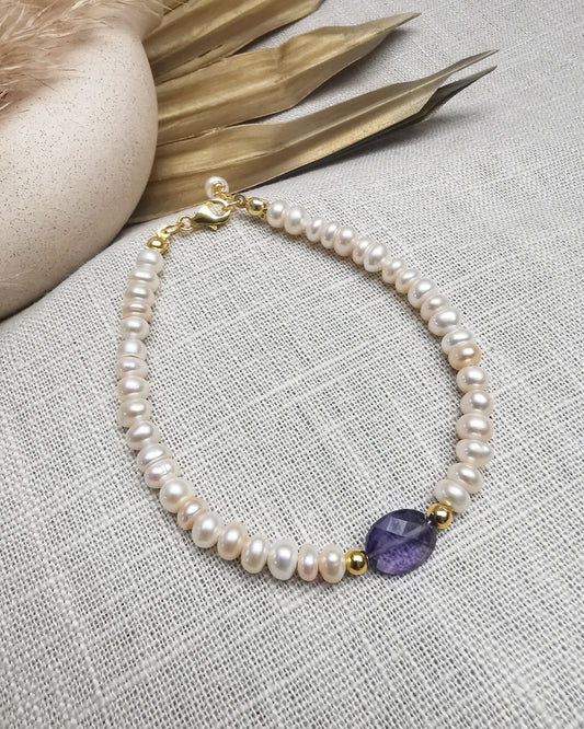 Gold Vermeil Bracelet with  Freshwater Pearl with Amethyst - Vinta Shop