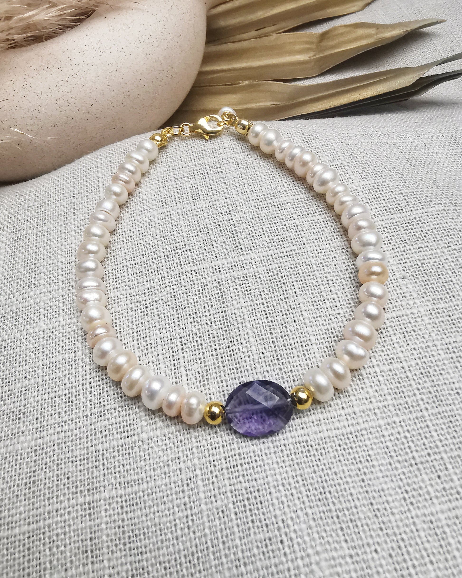 Gold Vermeil Bracelet with  Freshwater Pearl with Amethyst - Vinta Shop