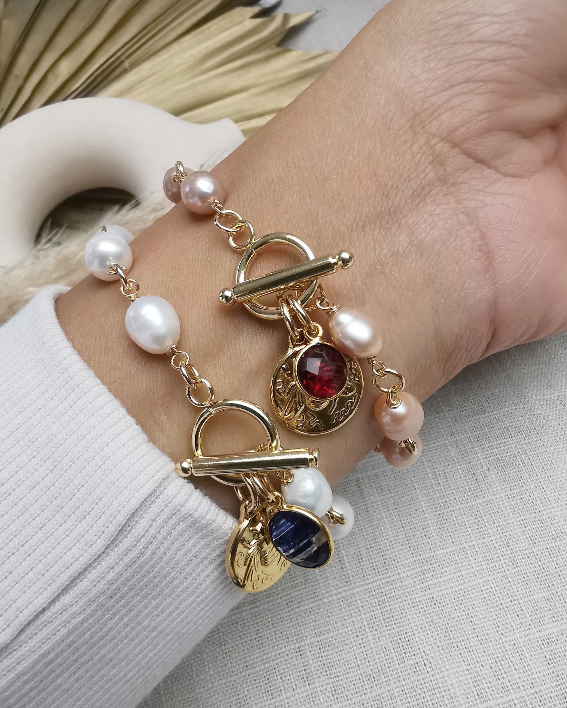Hand-Wrapped Peach Freshwater Pearl Bracelet with Charms - Vinta Shop