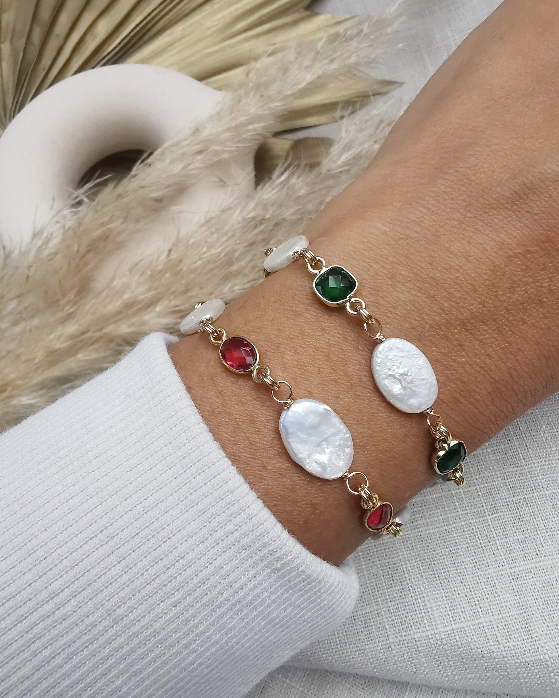 Freshwater Oval Pearls Bracelet with Pink Tourmaline Gemstone - Vinta Shop