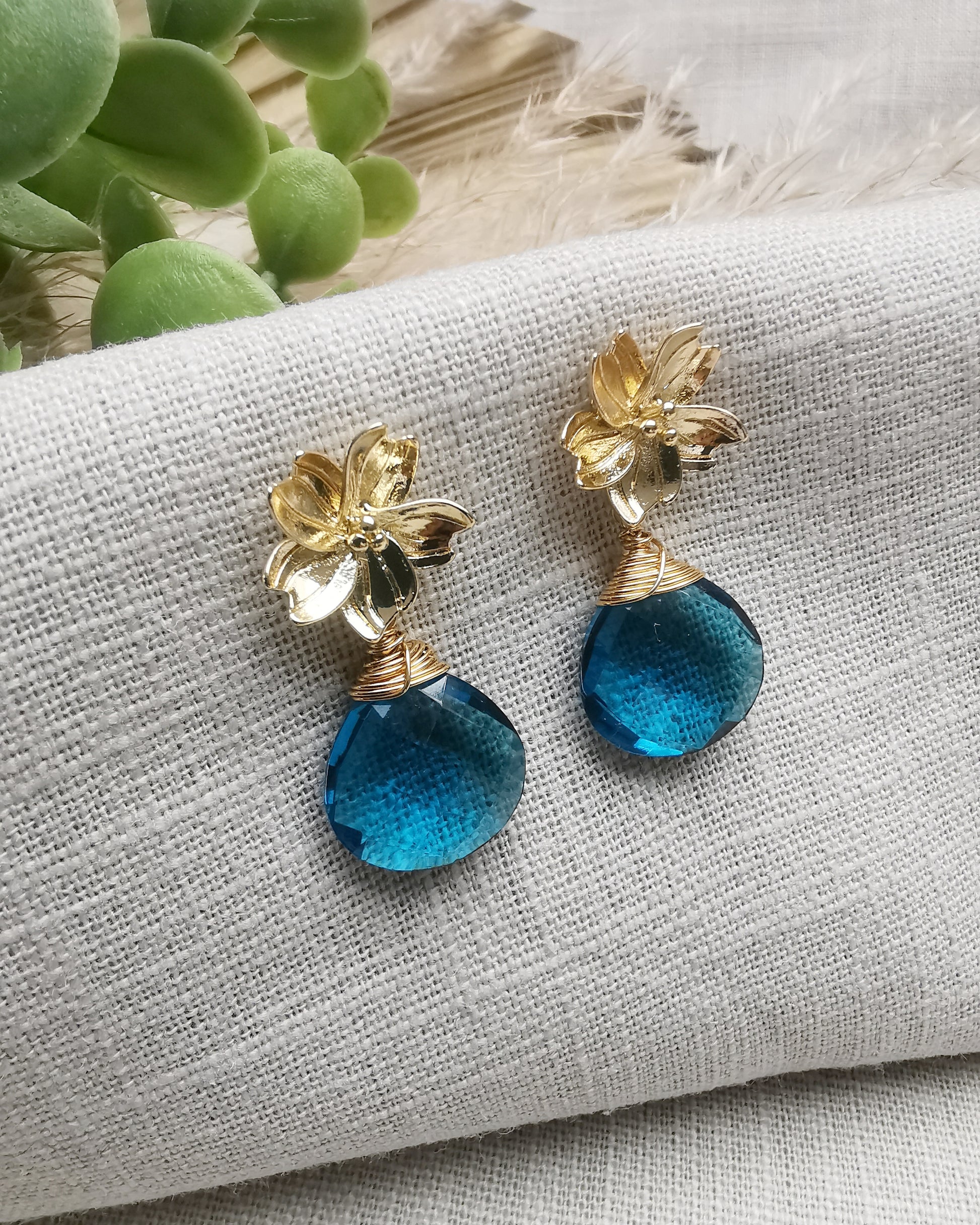Blue Neon Iolite / Red Quartz Wire-Wrapped Gemstone Earrings with Floral Ear Posts - Vinta Shop
