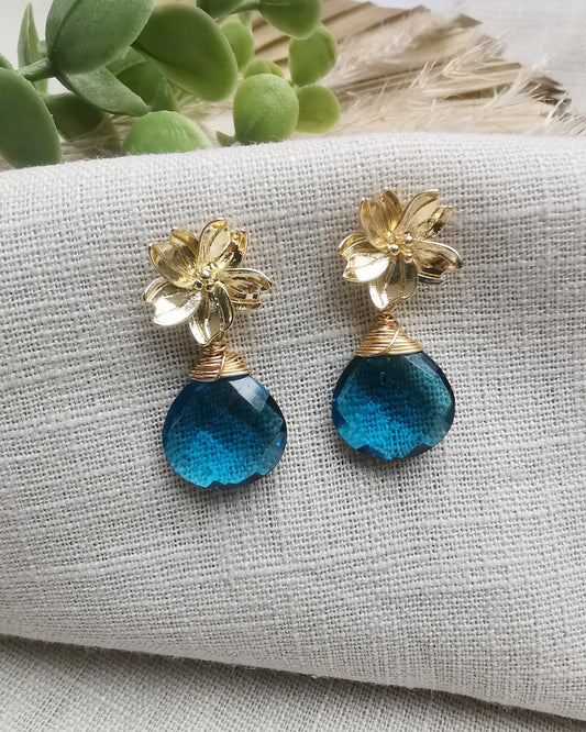 Blue Neon Iolite / Red Quartz Wire-Wrapped Gemstone Earrings with Floral Ear Posts - Vinta Shop
