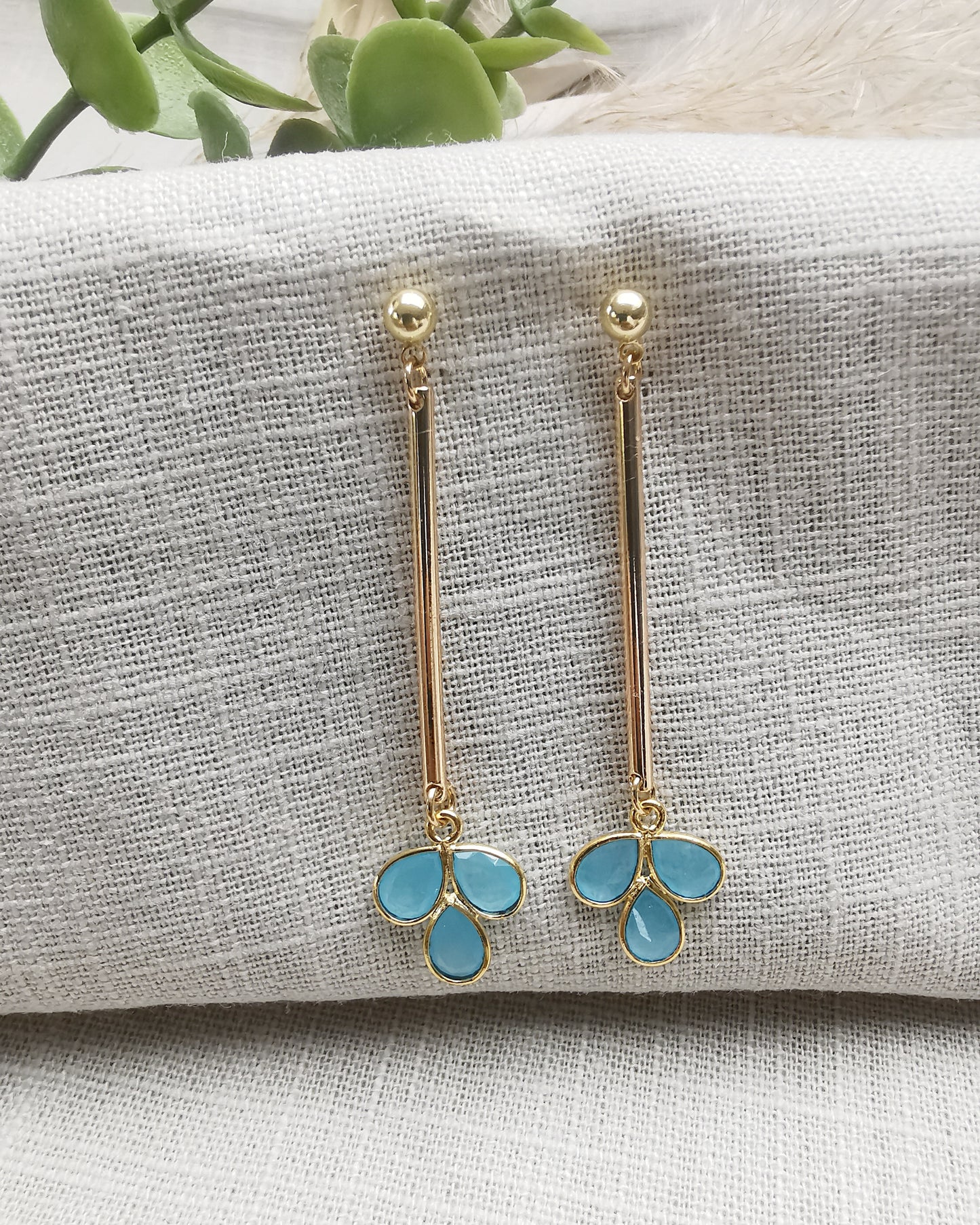 Long Drop Blue Chalcedony Bar Earrings