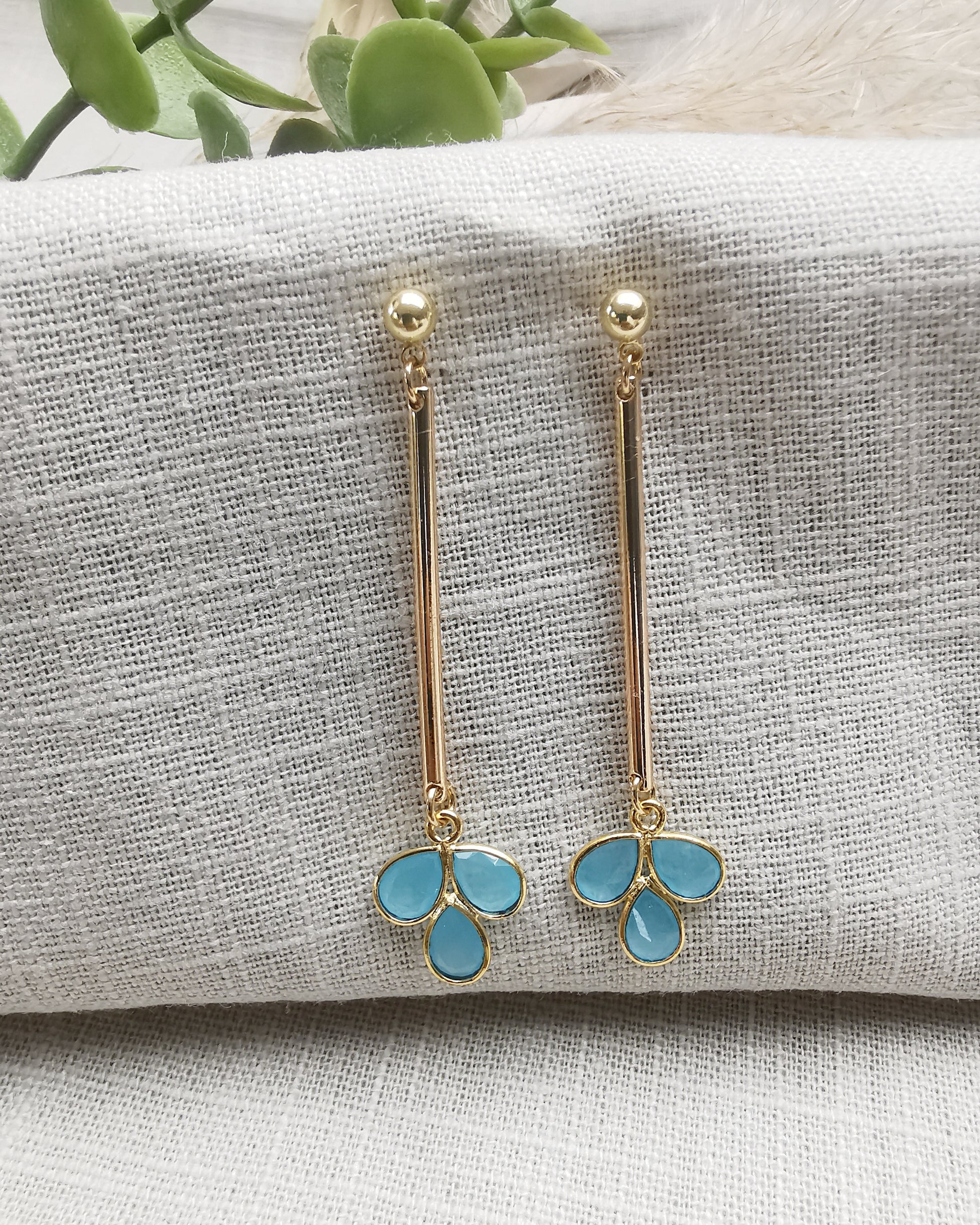 Long Drop Blue Chalcedony Bar Earrings - Vinta Shop