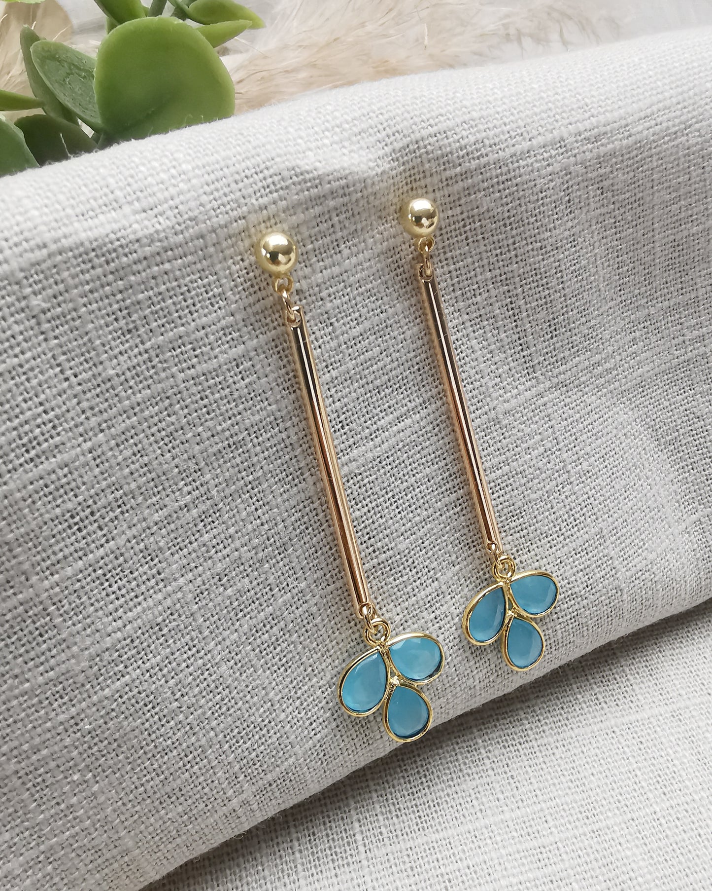 Long Drop Blue Chalcedony Bar Earrings