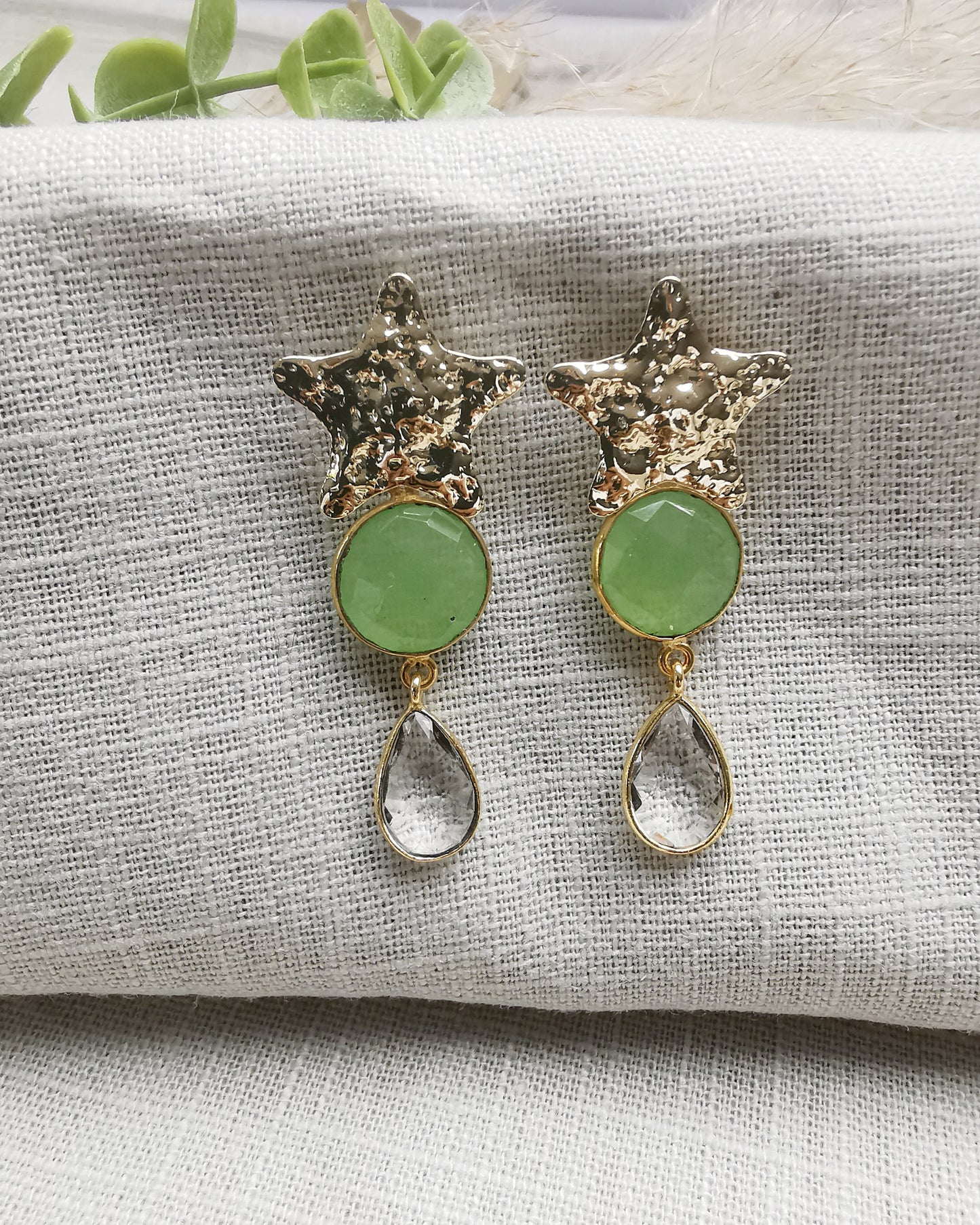 Long Statement Earrings with Star Ear Posts and Gemstones.
