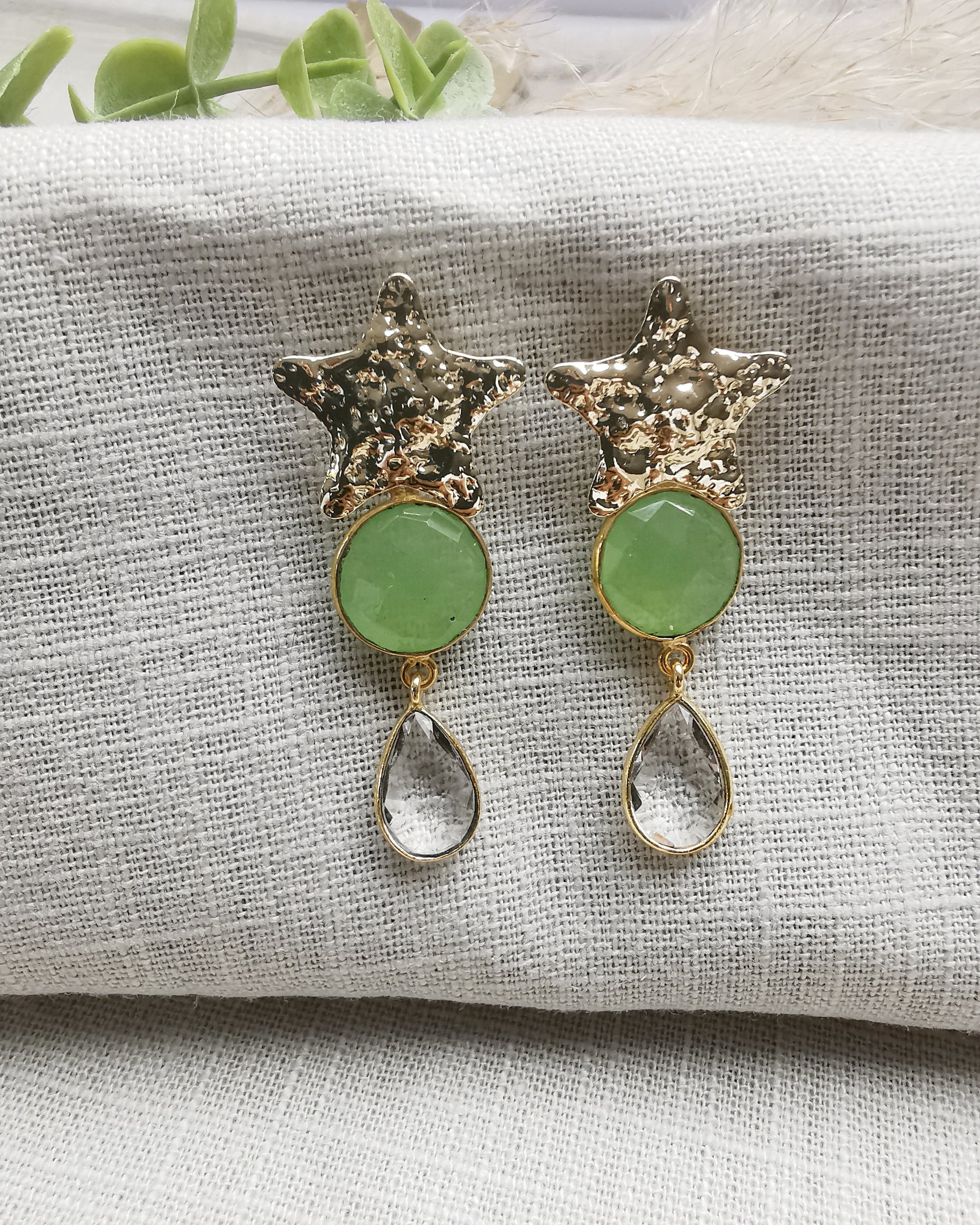 Long Statement Earrings with Star Ear Posts and Gemstones. - Vinta Shop
