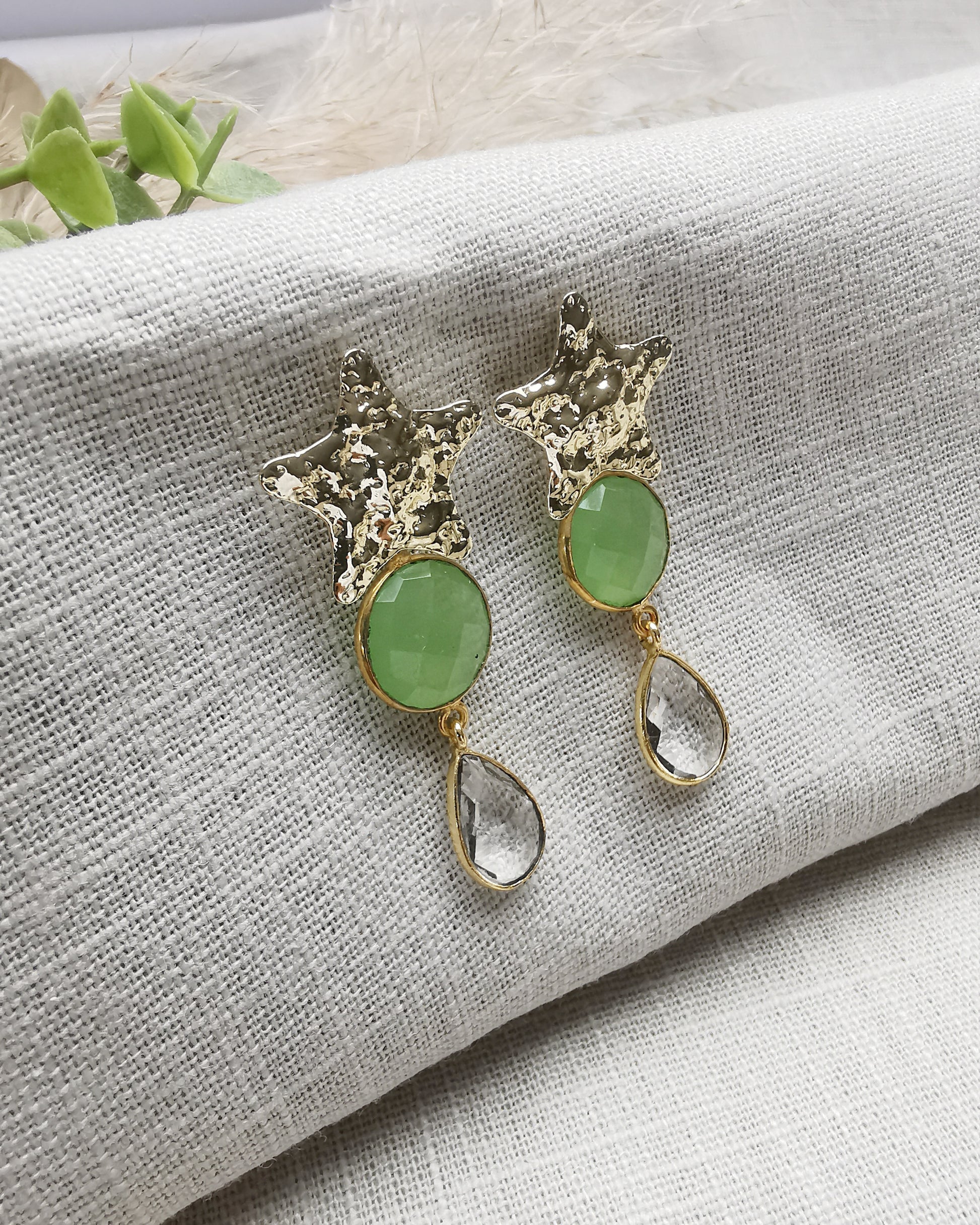Long Statement Earrings with Star Ear Posts and Gemstones. - Vinta Shop