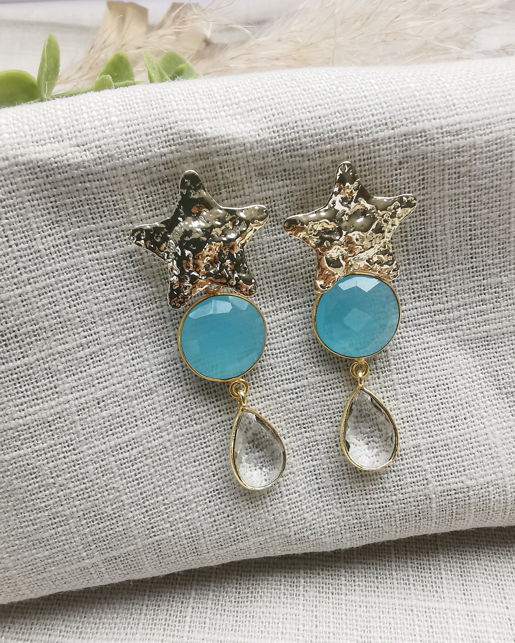 Long Statement Earrings with Star Ear Posts and Gemstones - Vinta Shop