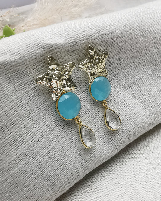 Long Statement Earrings with Star Ear Posts and Gemstones - Vinta Shop