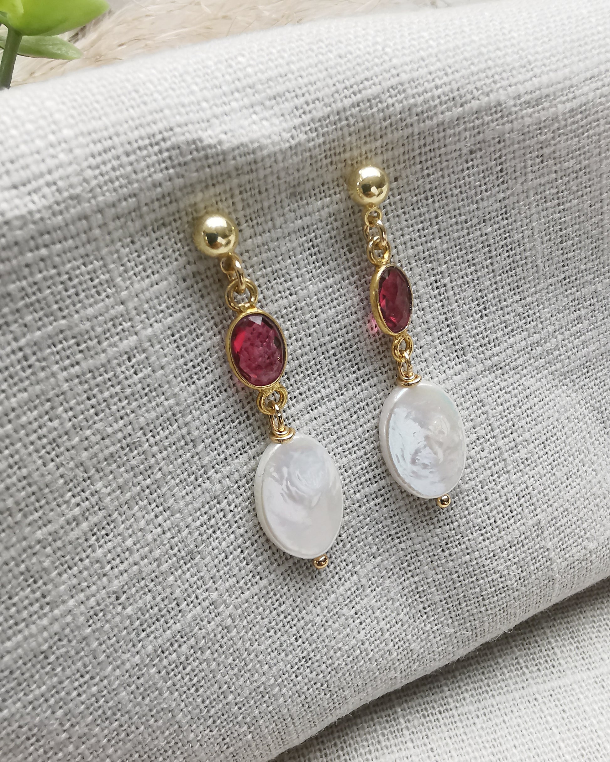 Small Pink Tourmaline & Freshwater Pearl Earrings. - Vinta Shop