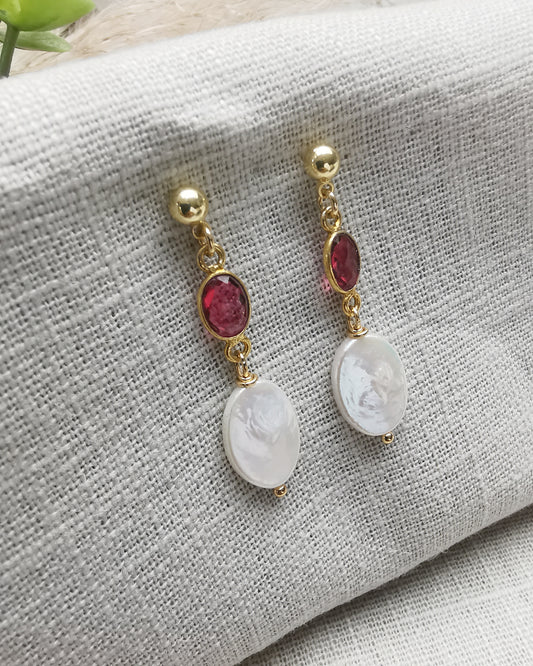 Small Pink Tourmaline & Freshwater Pearl Earrings. - Vinta Shop