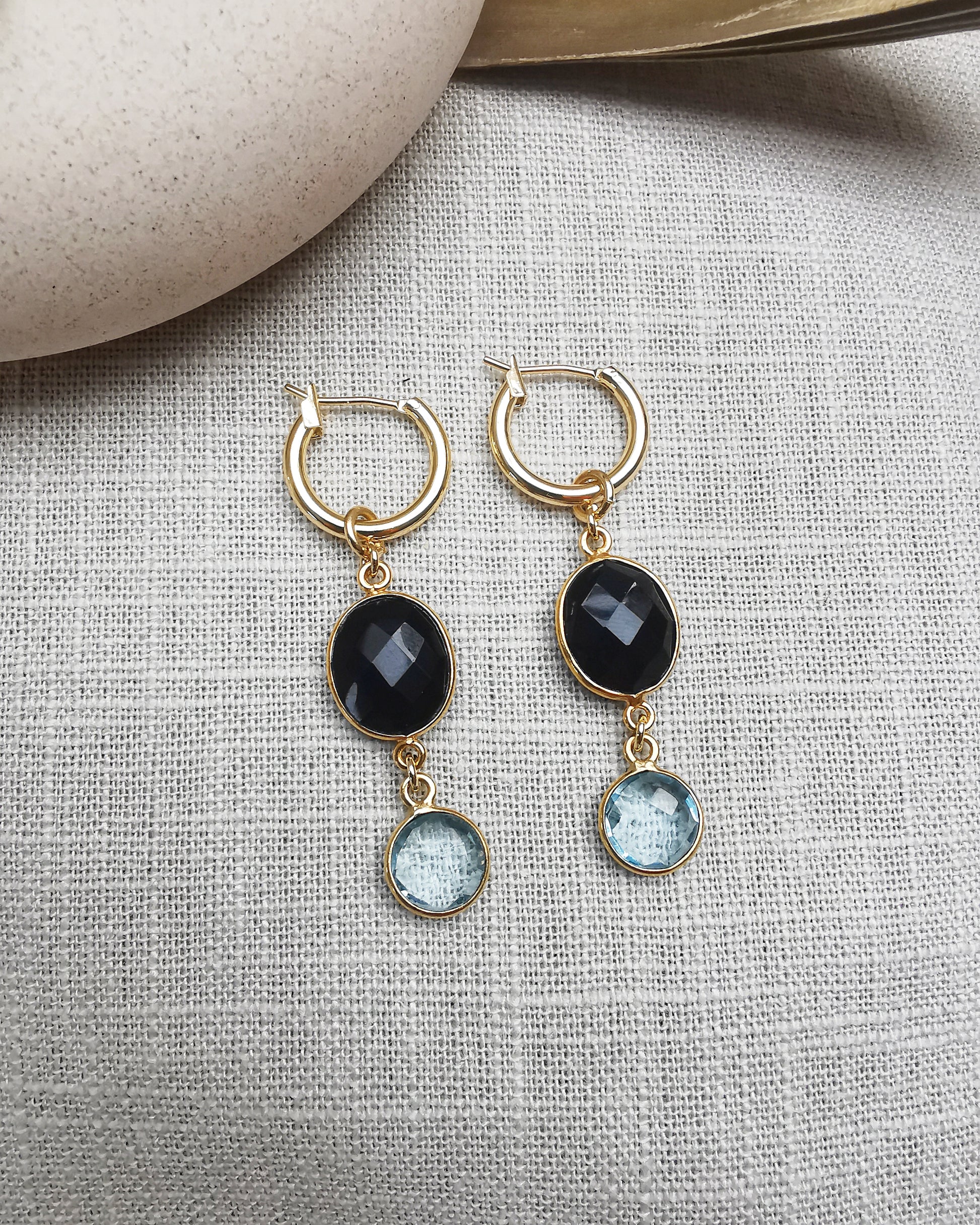 Versatile Gemstone Hoop Earrings with Black Onyx and Blue Topaz - Vinta Shop