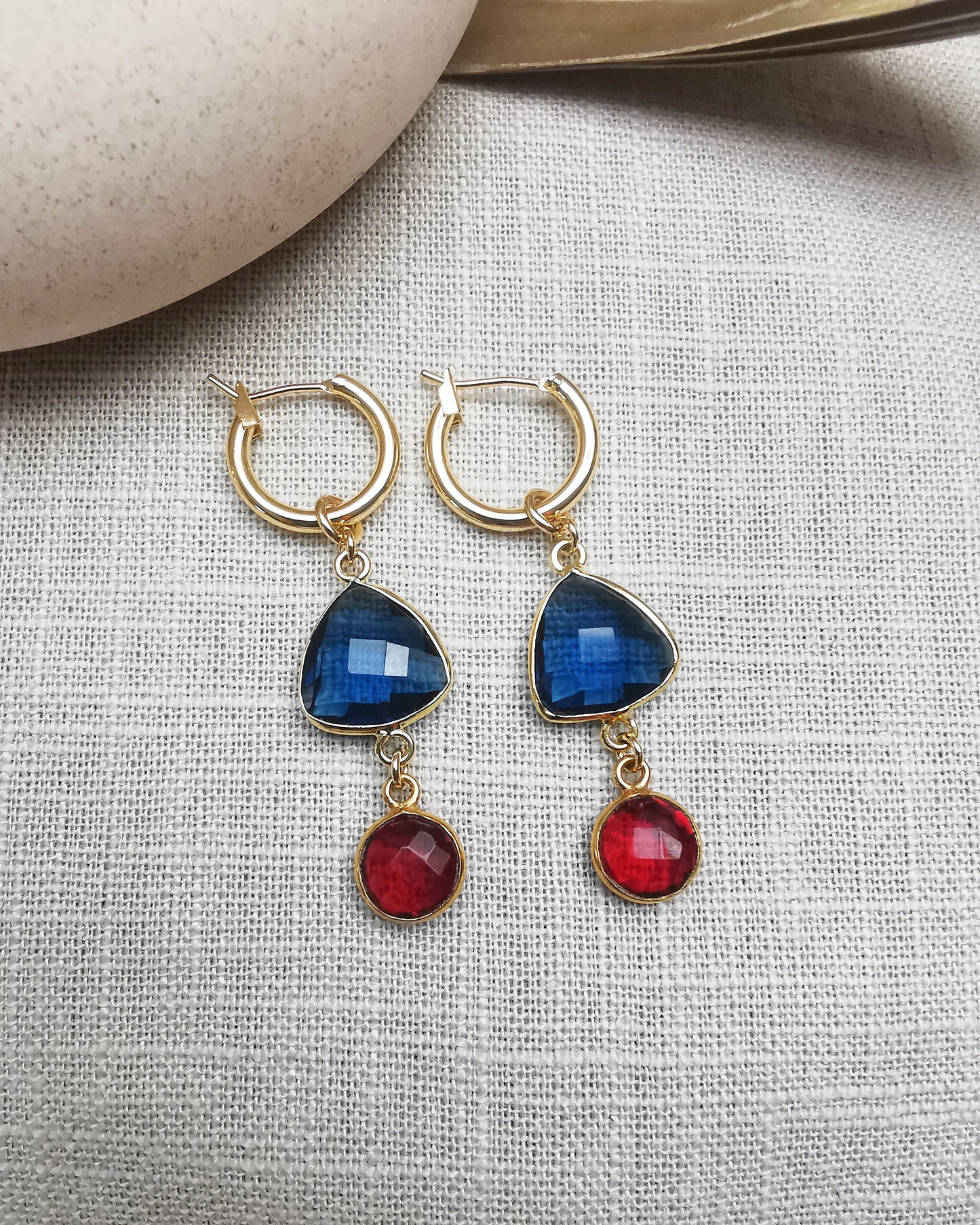 Versatile Gemstone Hoop Earrings with London Blue Topaz and Red Garnets