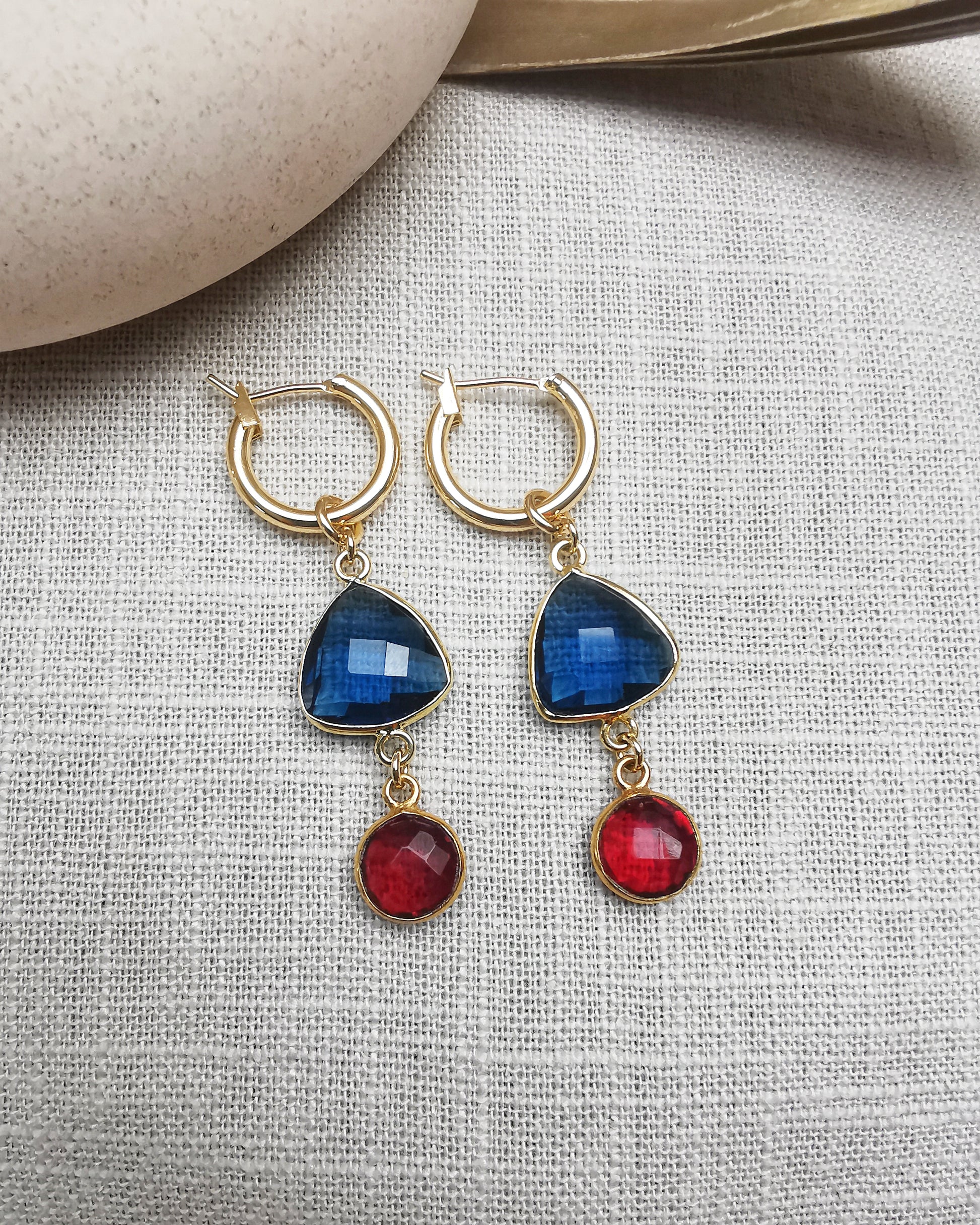 Versatile Gemstone Hoop Earrings with London Blue Topaz and Red Garnets - Vinta Shop