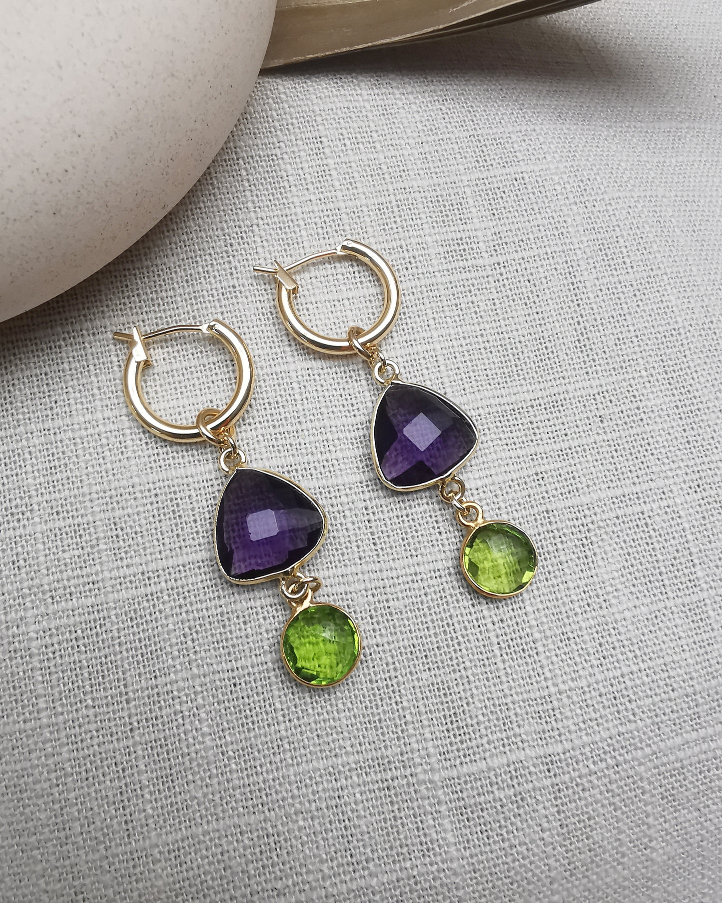 Versatile Gemstone Hoop Earrings with Amethysts and Peridots.