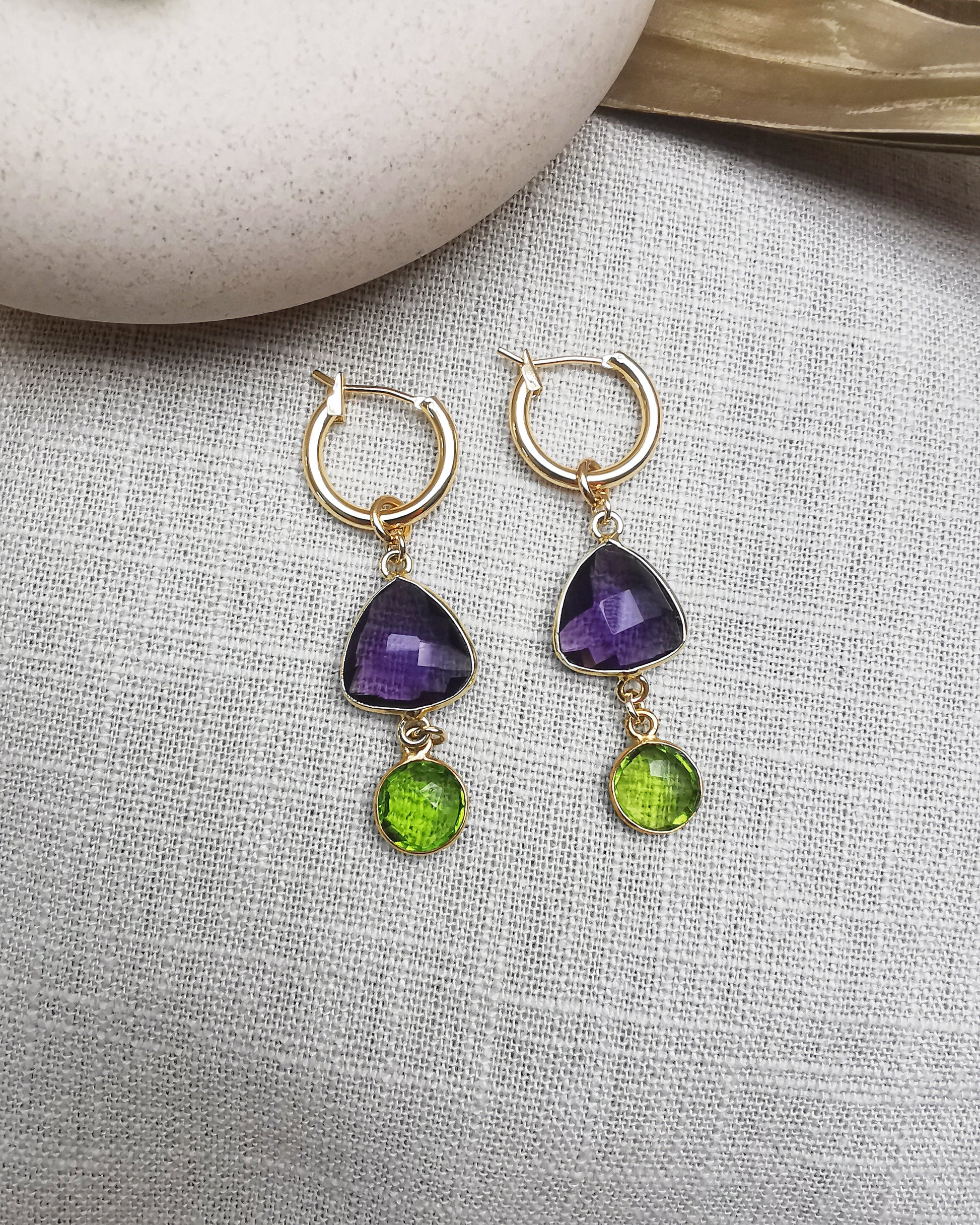 Versatile Gemstone Hoop Earrings with Amethysts and Peridots. - Vinta Shop