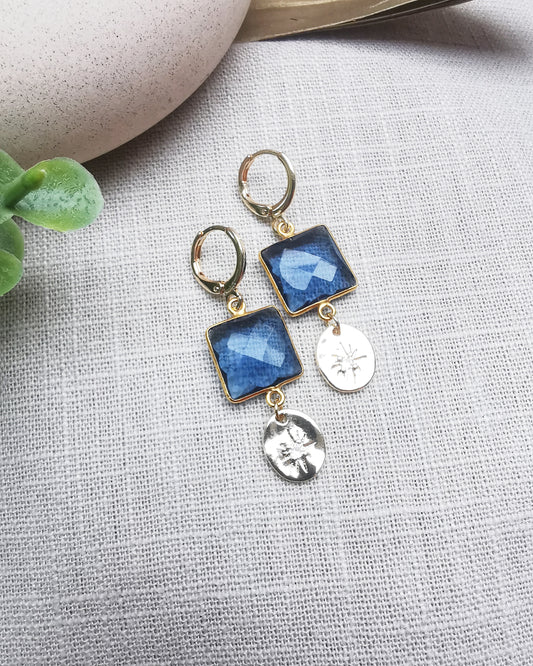 Blue Iolite Gemstone Earrings with Starburst Charm - Vinta Shop