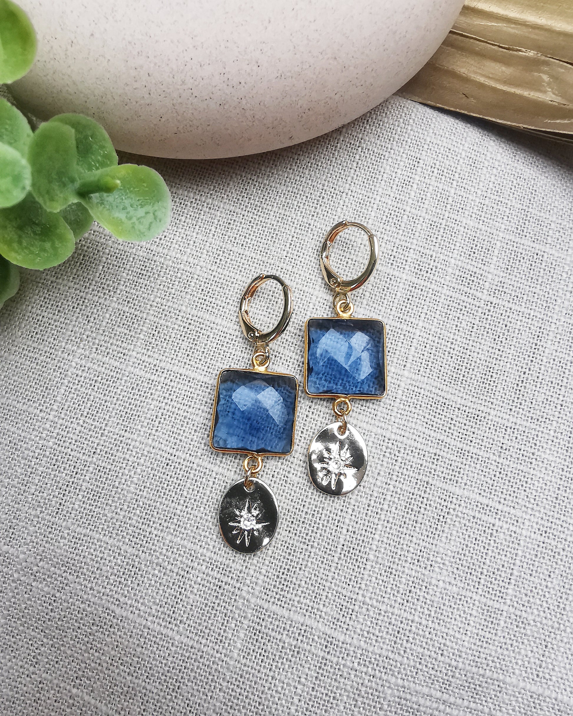 Blue Iolite Gemstone Earrings with Starburst Charm - Vinta Shop
