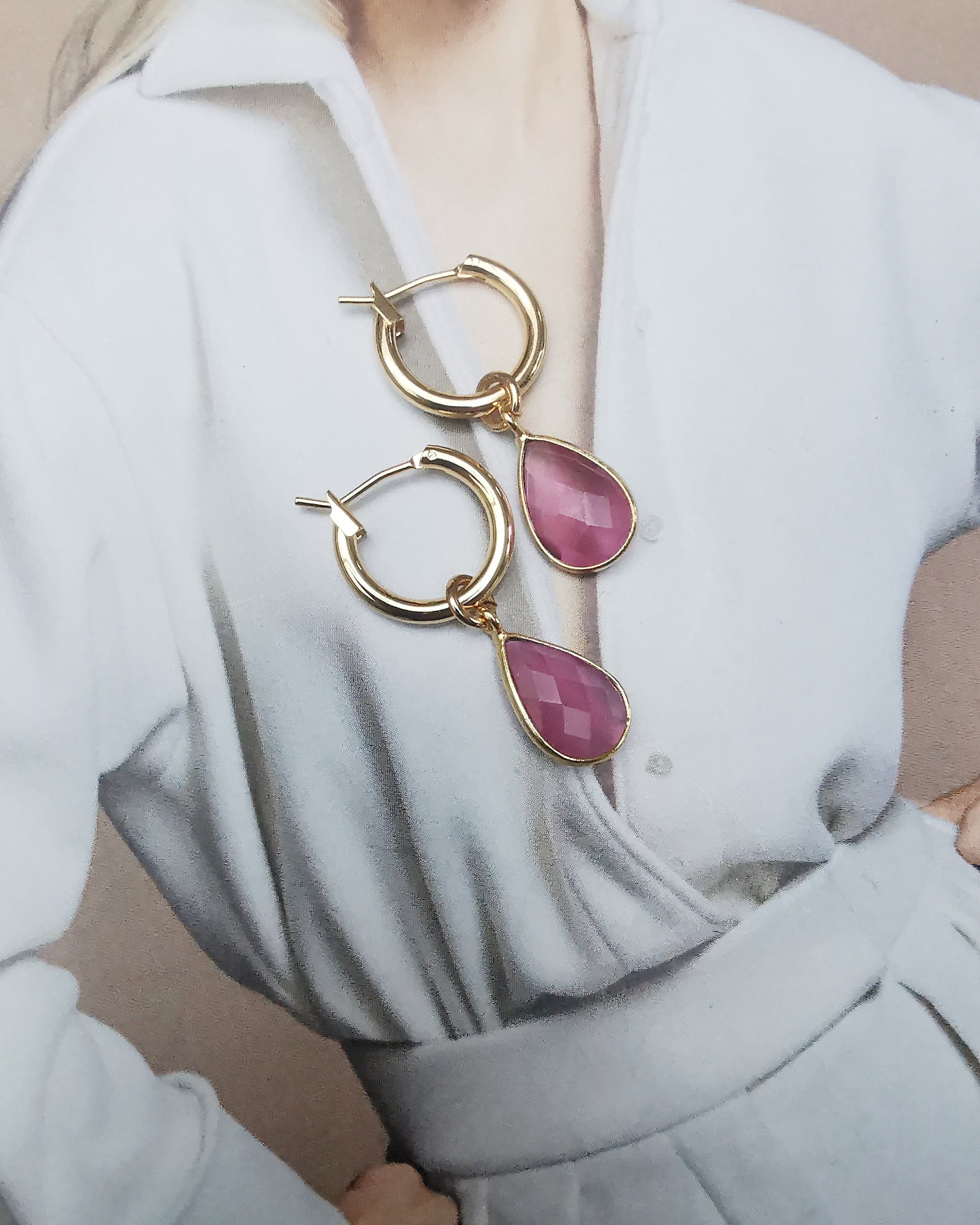 Small Hoop Earrings with Removable Gemstone Charms - Vinta Shop