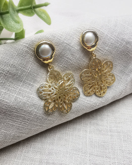 Pearl Stud and Filigree Flower Drop Earrings - Vinta Shop