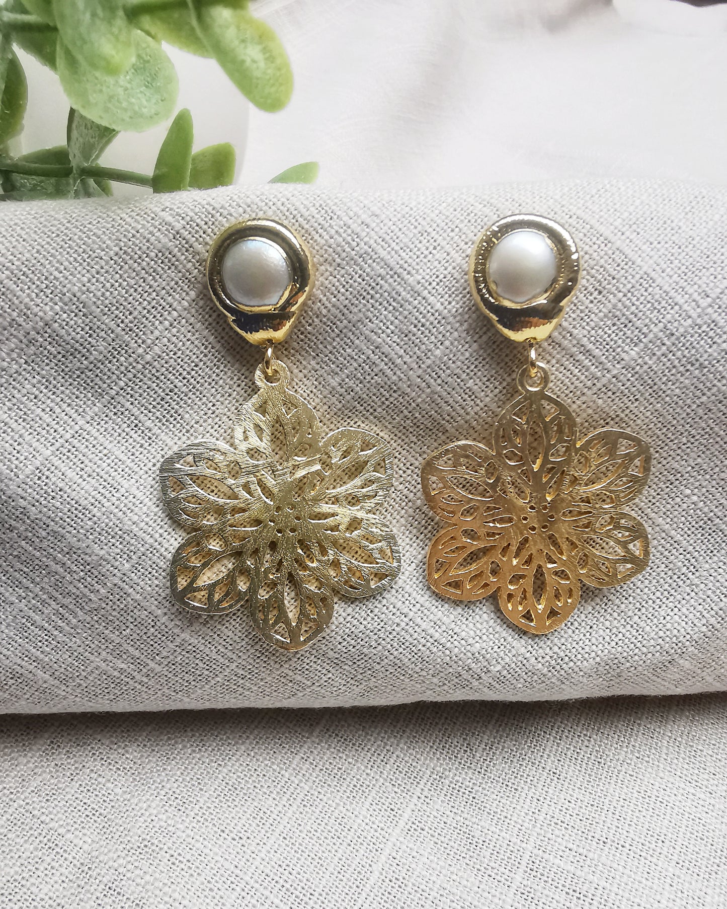 Pearl Stud and Filigree Flower Drop Earrings