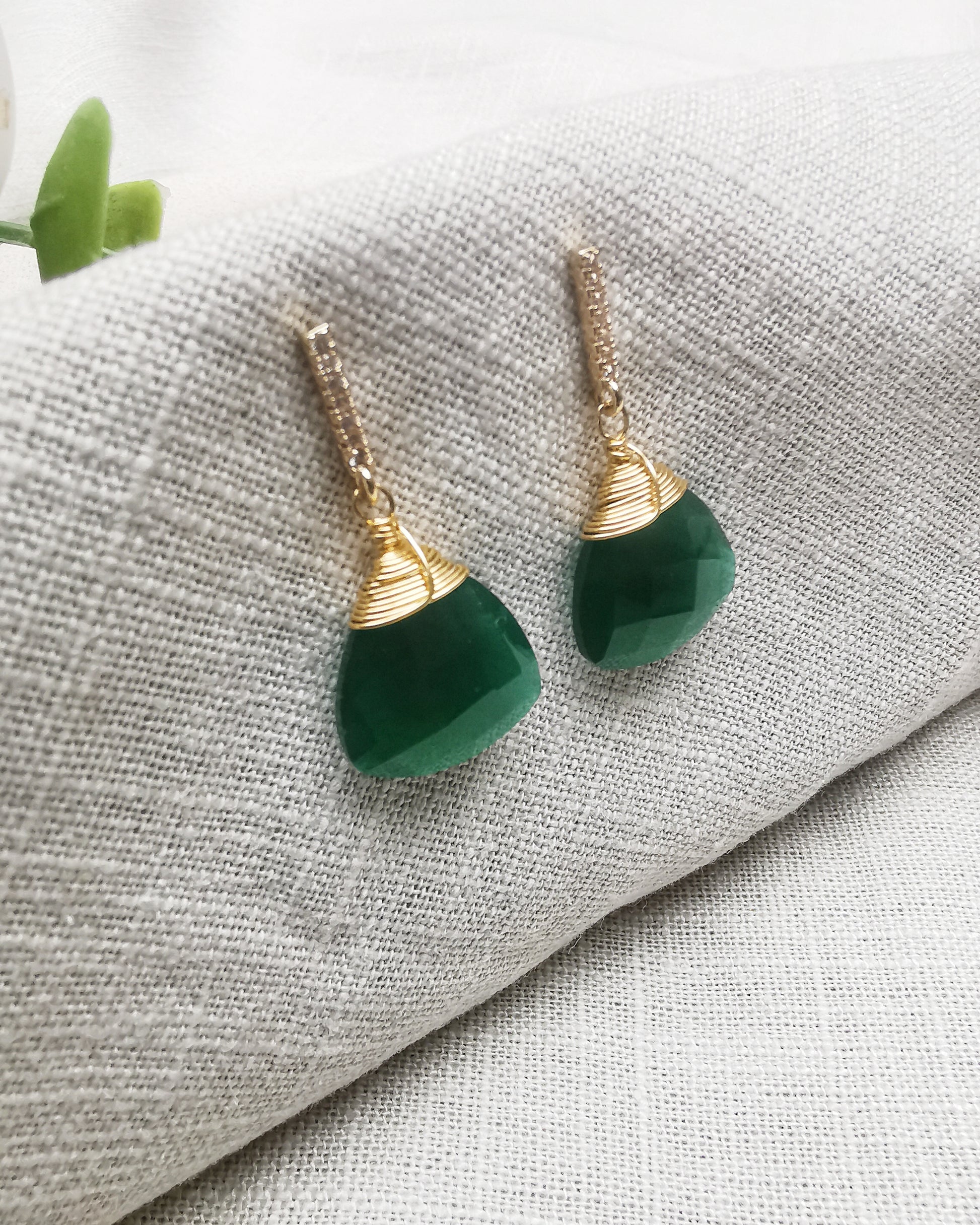 Green Onyx Trillion Stud Dangle Earrings - Vinta Shop