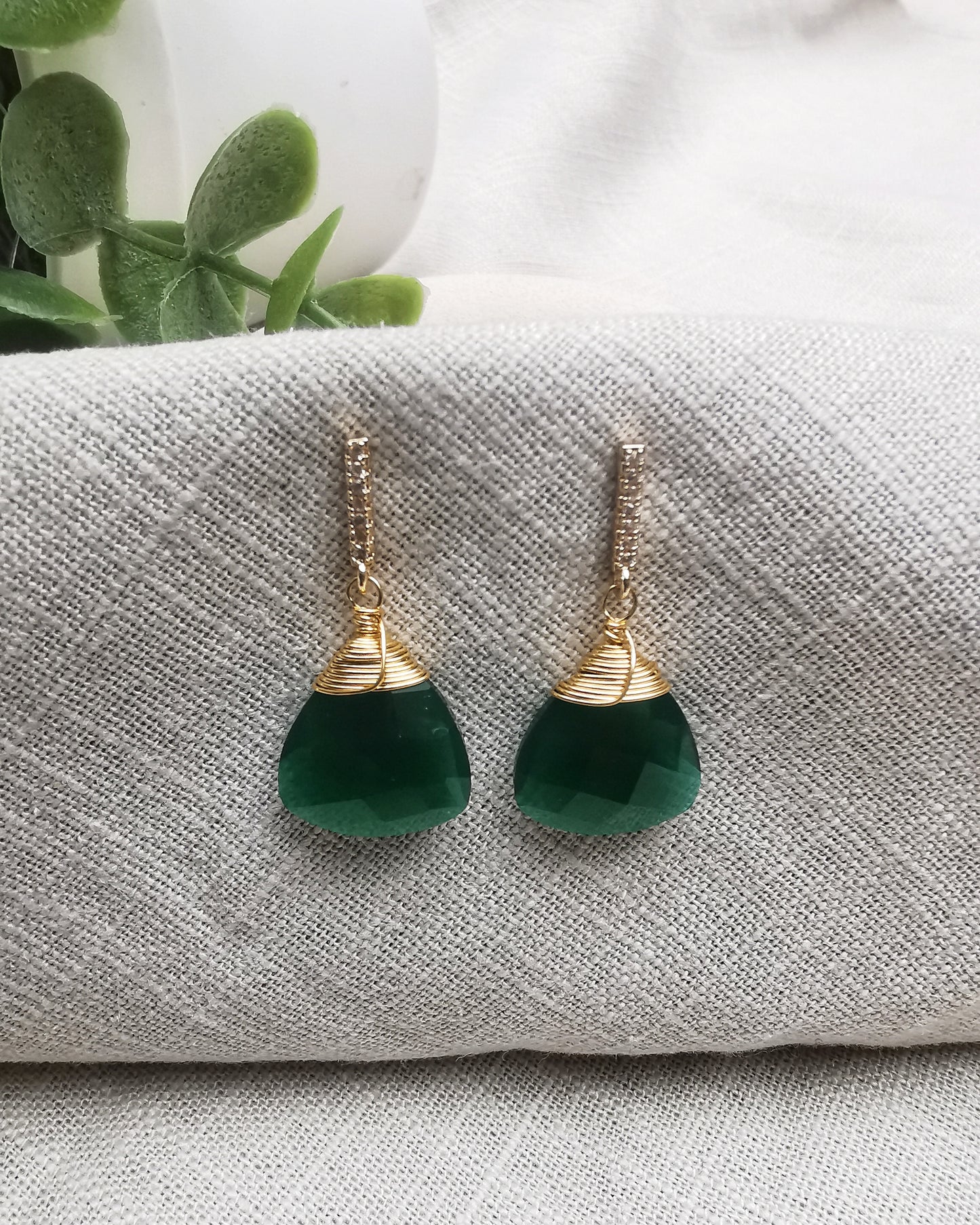 Green Onyx Trillion Stud Dangle Earrings
