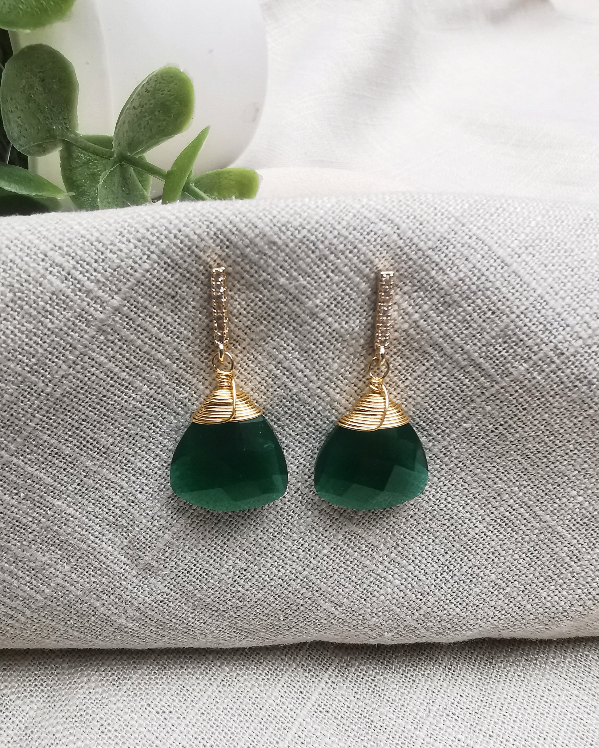 Green Onyx Trillion Stud Dangle Earrings - Vinta Shop