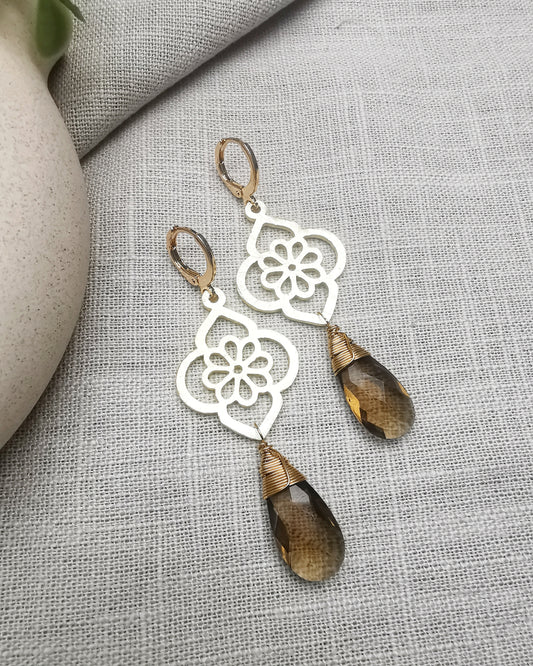 Statement Smokey Quartz Long Drop Earrings - Vinta Shop