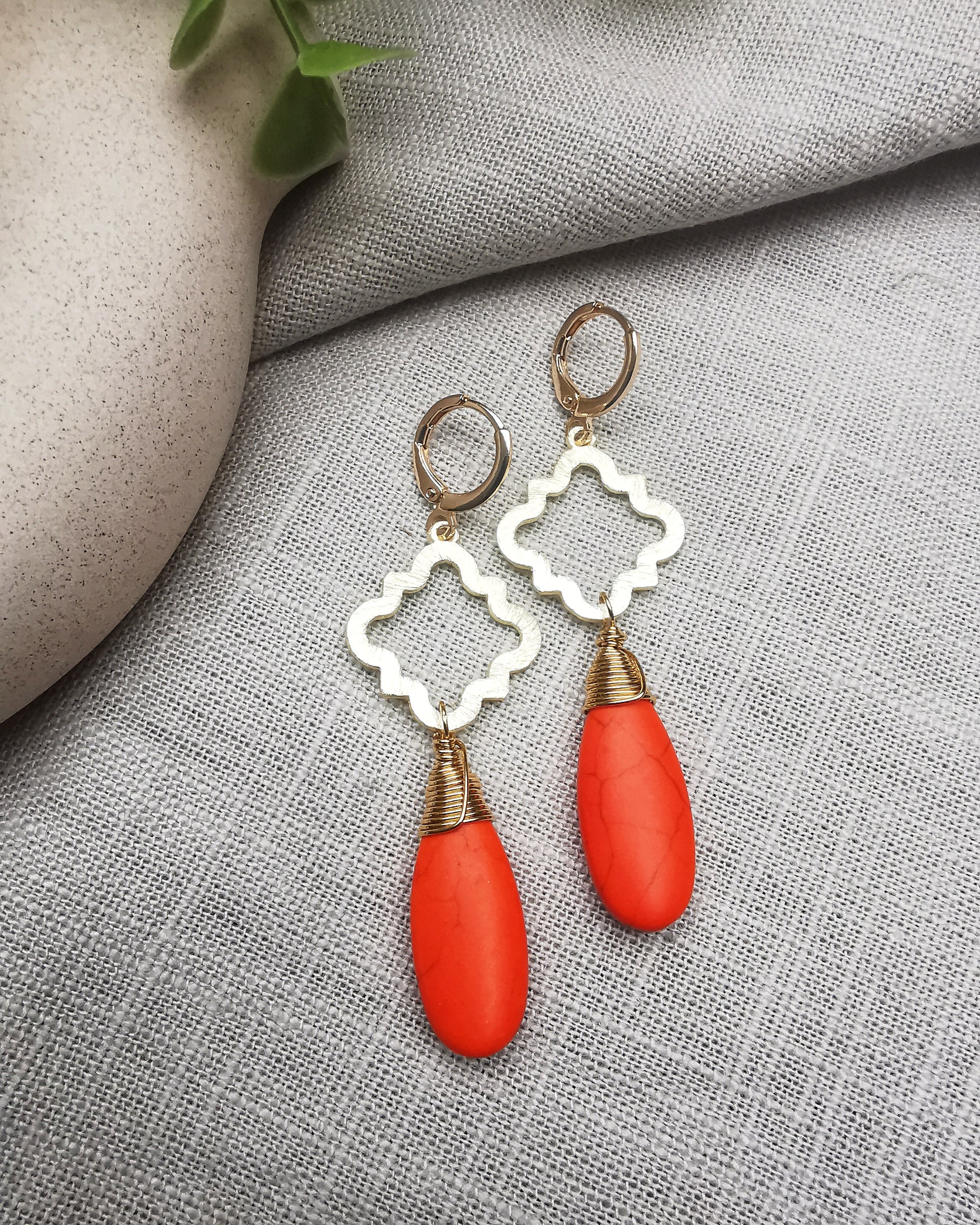 Orange Howlite Teardrop Earrings - Vinta Shop